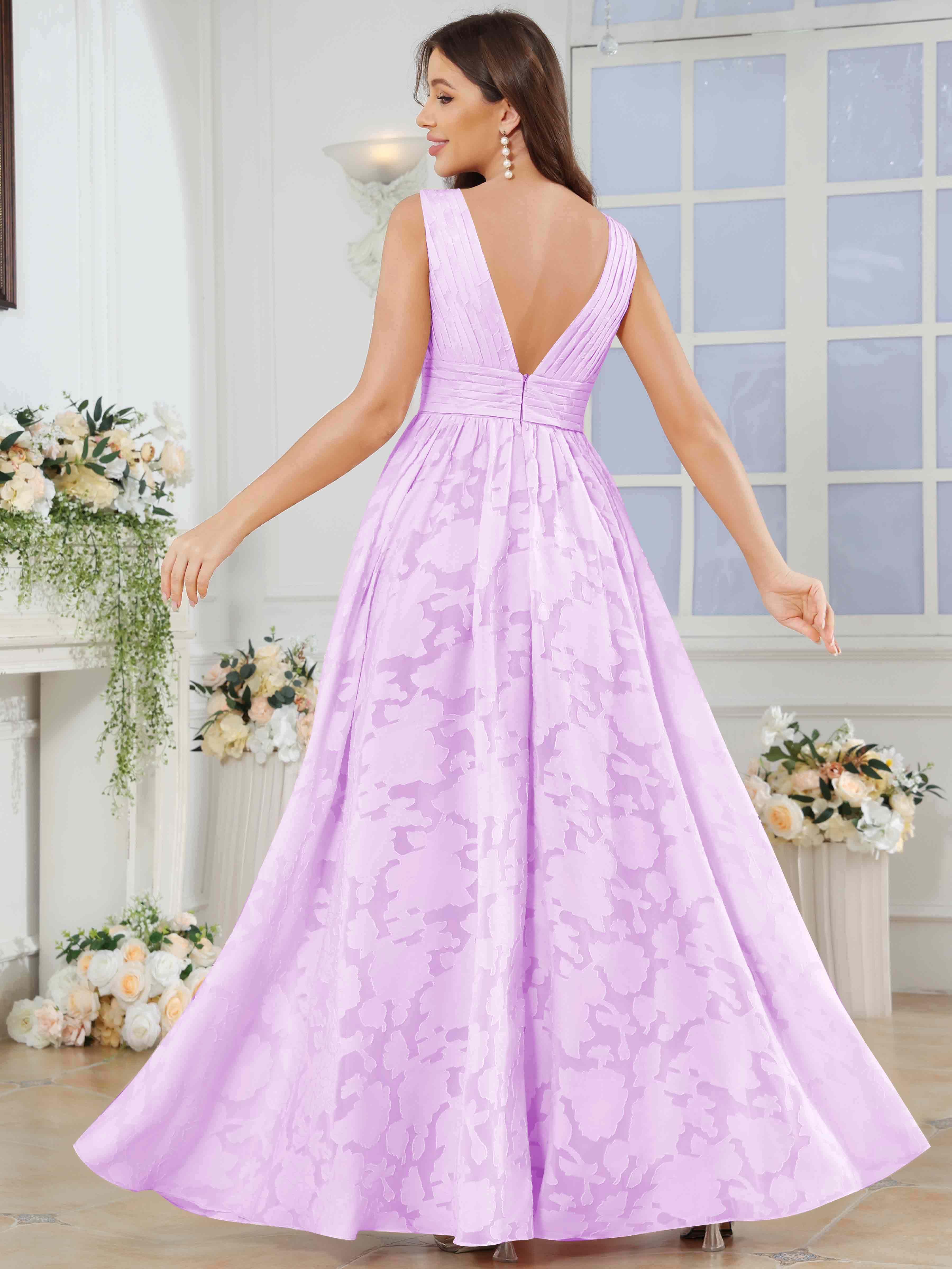 ROVDESY A-Line V-Neck Pleated Chiffon Jacquard Bridesmaid/Peom Dress With Slit