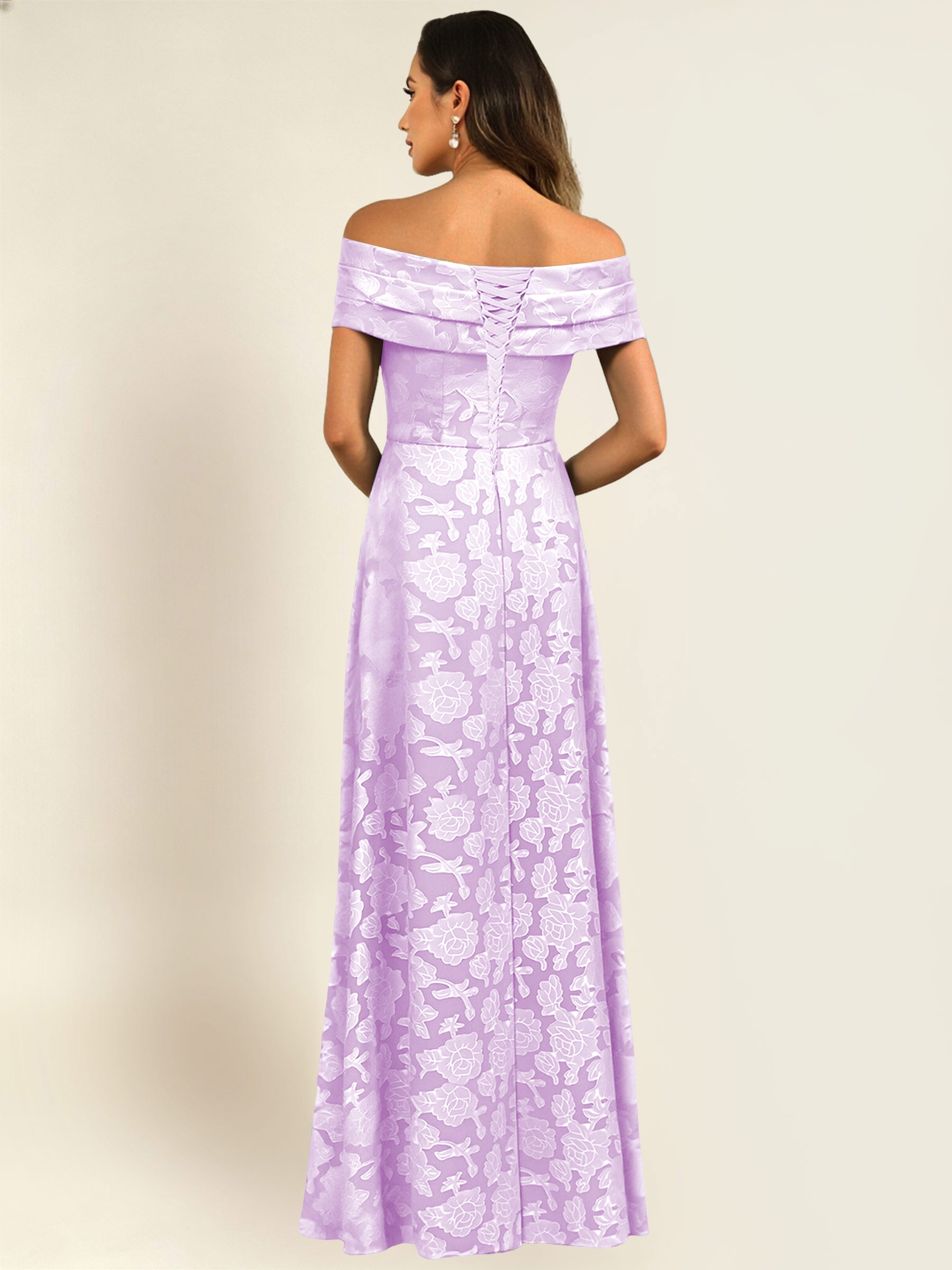 ROVDESY Off the Shoulder Floral Jacquard A-Line Long Mother of the Bride Dress