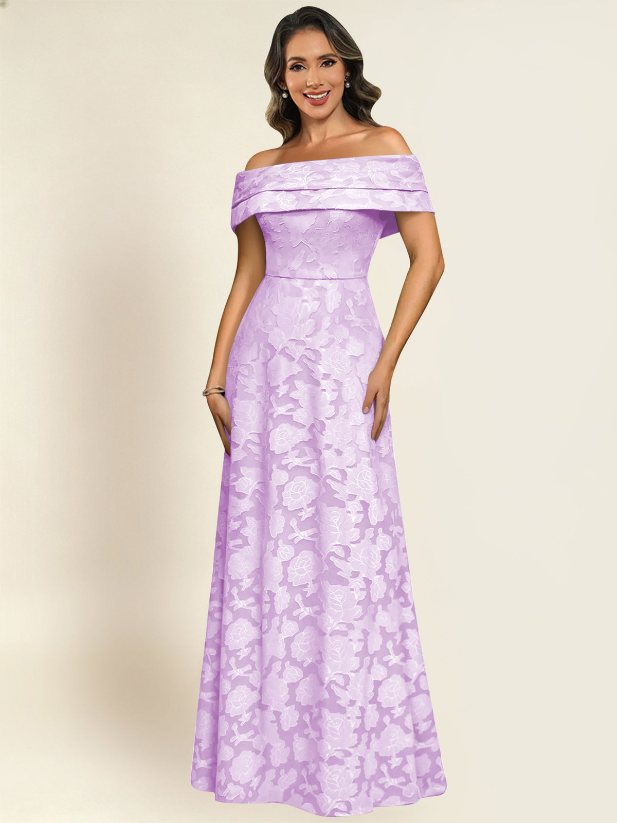 ROVDESY Off the Shoulder Floral Jacquard A-Line Long Mother of the Bride Dress