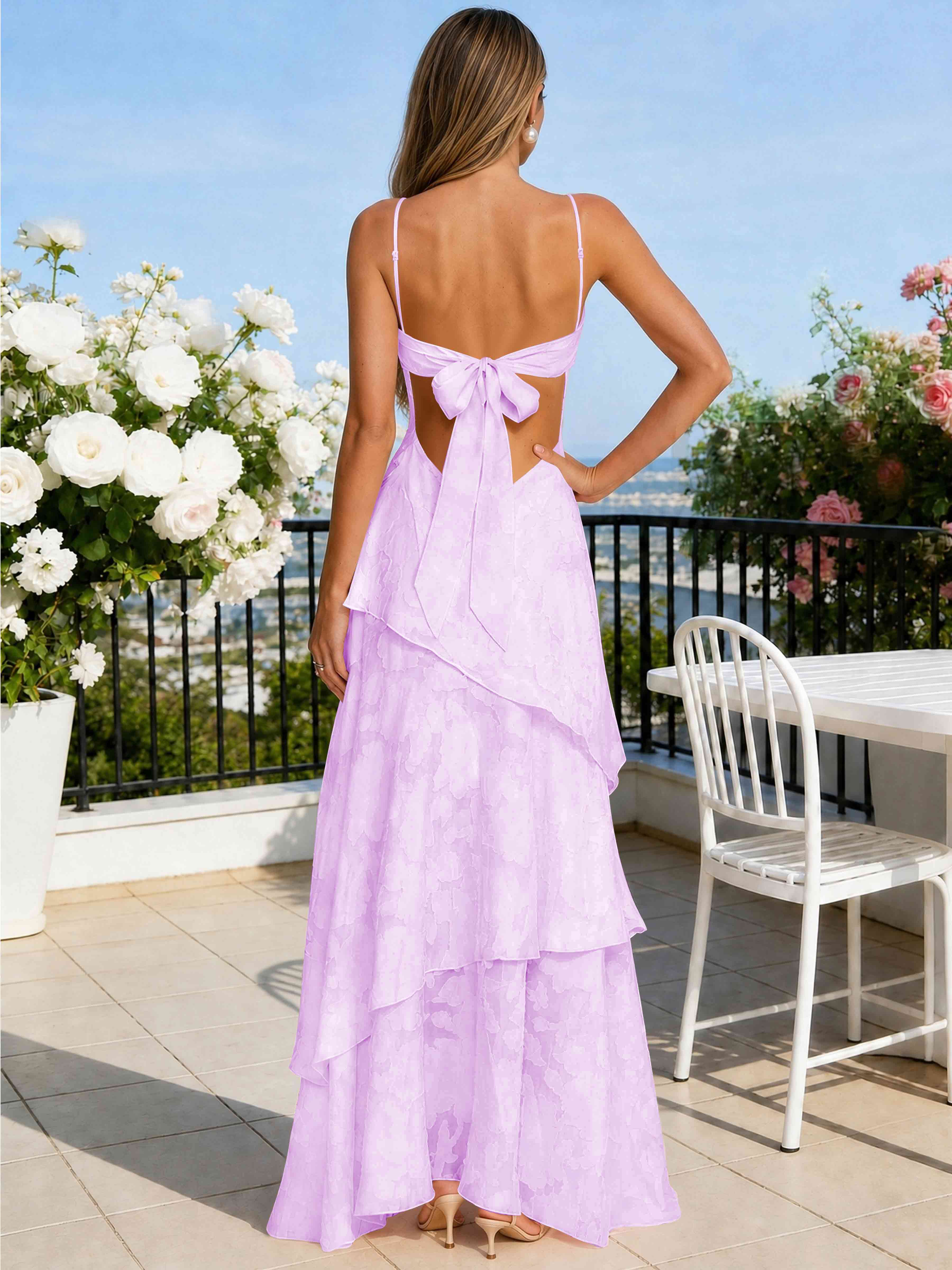 ROVDESY Spaghetti Strap V-Neck Chiffon Jacquard Tiered Ruffle Long Bridesmaid/Prom Dress