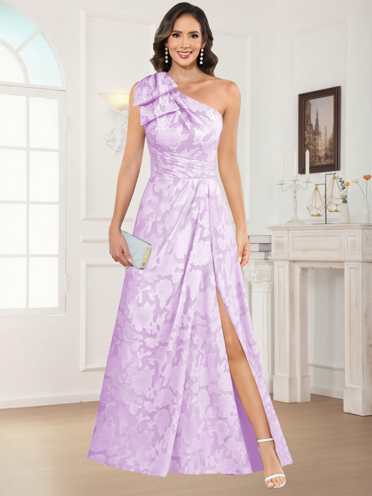 One Shoulder Floral Jacquard Mother of the Bride Dress