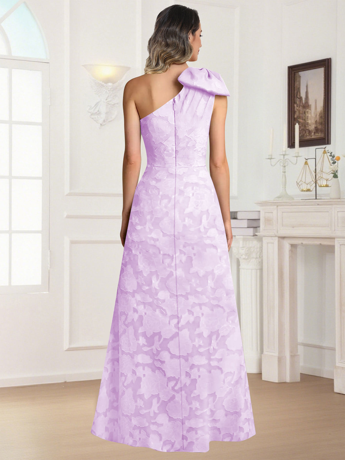 One Shoulder Floral Jacquard Mother of the Bride Dress