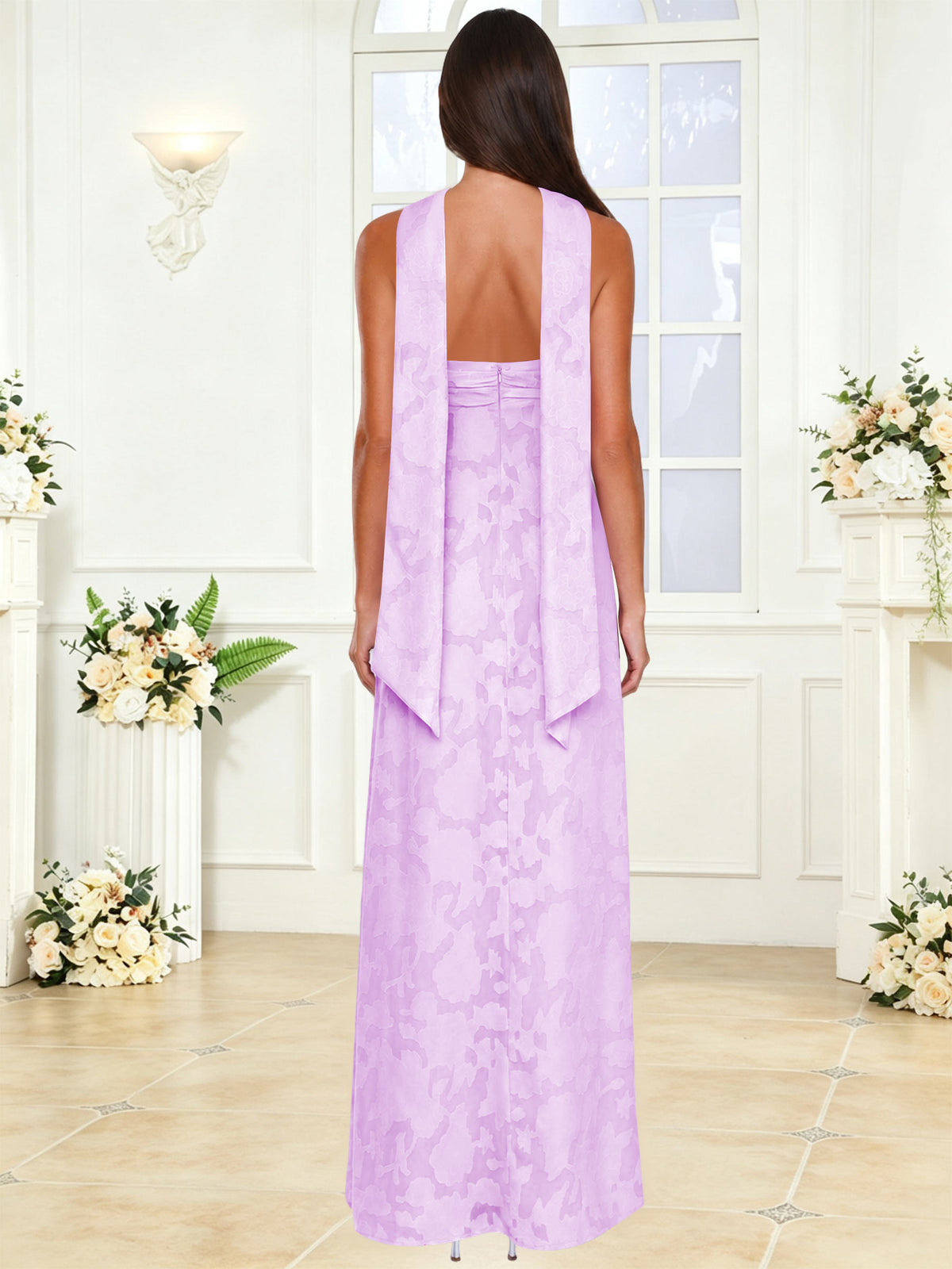 Spaghetti Strap Ruched Floral Jacquard A Line Bridesmaid Dress with Scarf