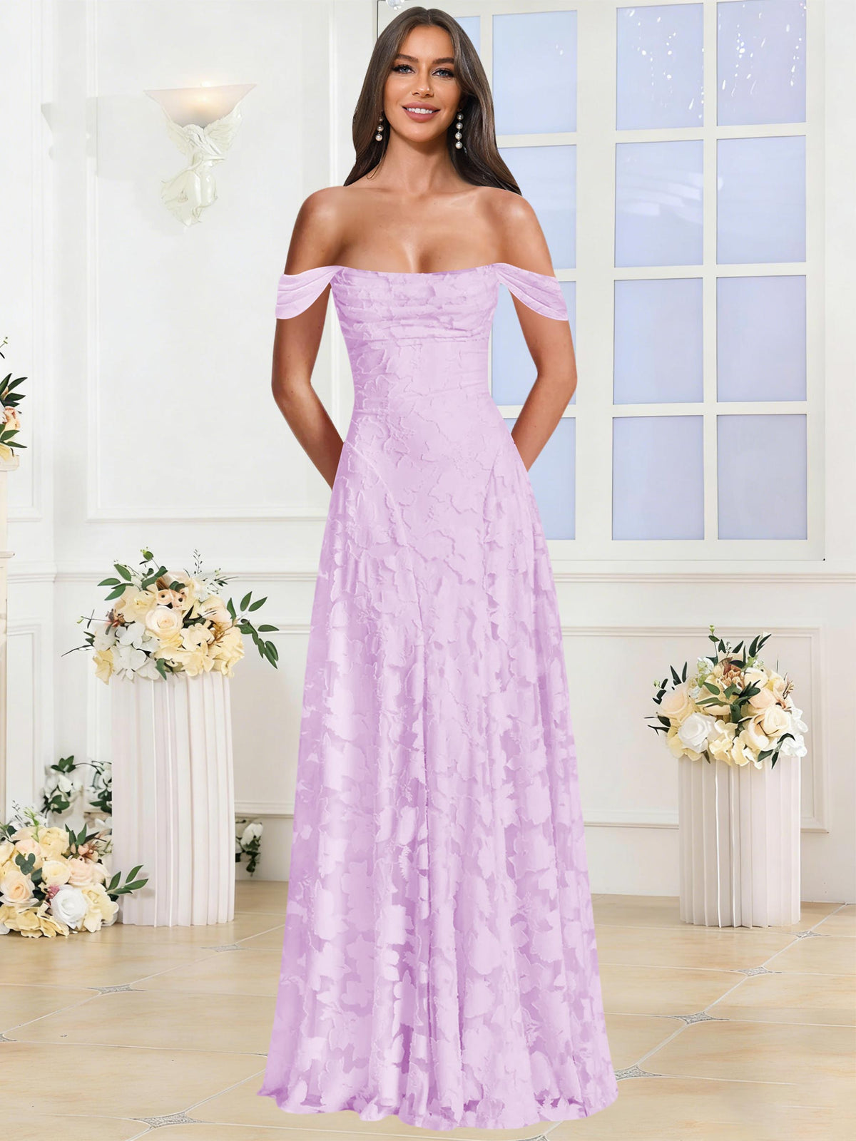 Off the Shoulder Floral Ruched A-line Bridesmaid Dress