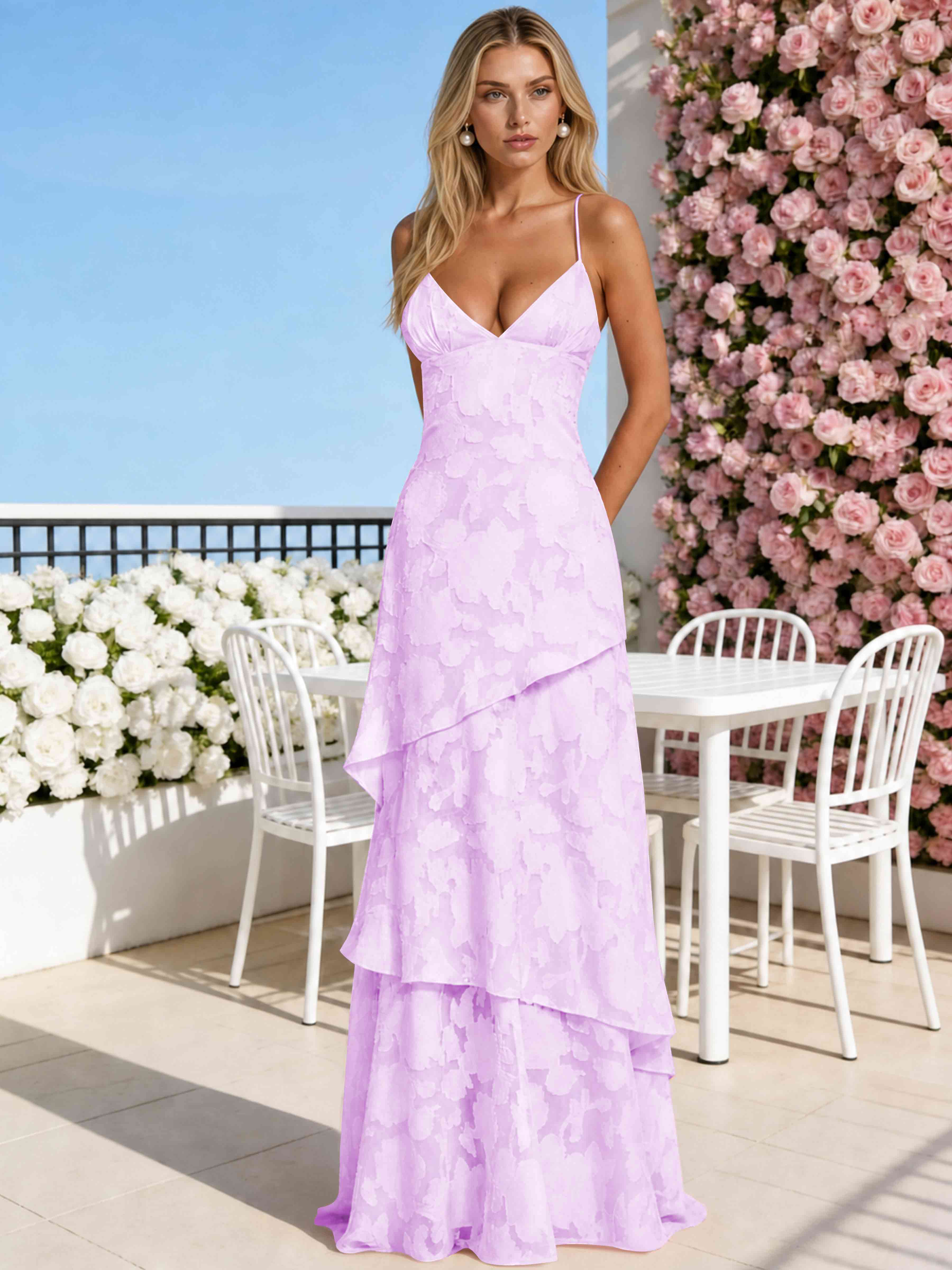 ROVDESY Spaghetti Strap V-Neck Chiffon Jacquard Tiered Ruffle Long Bridesmaid/Prom Dress