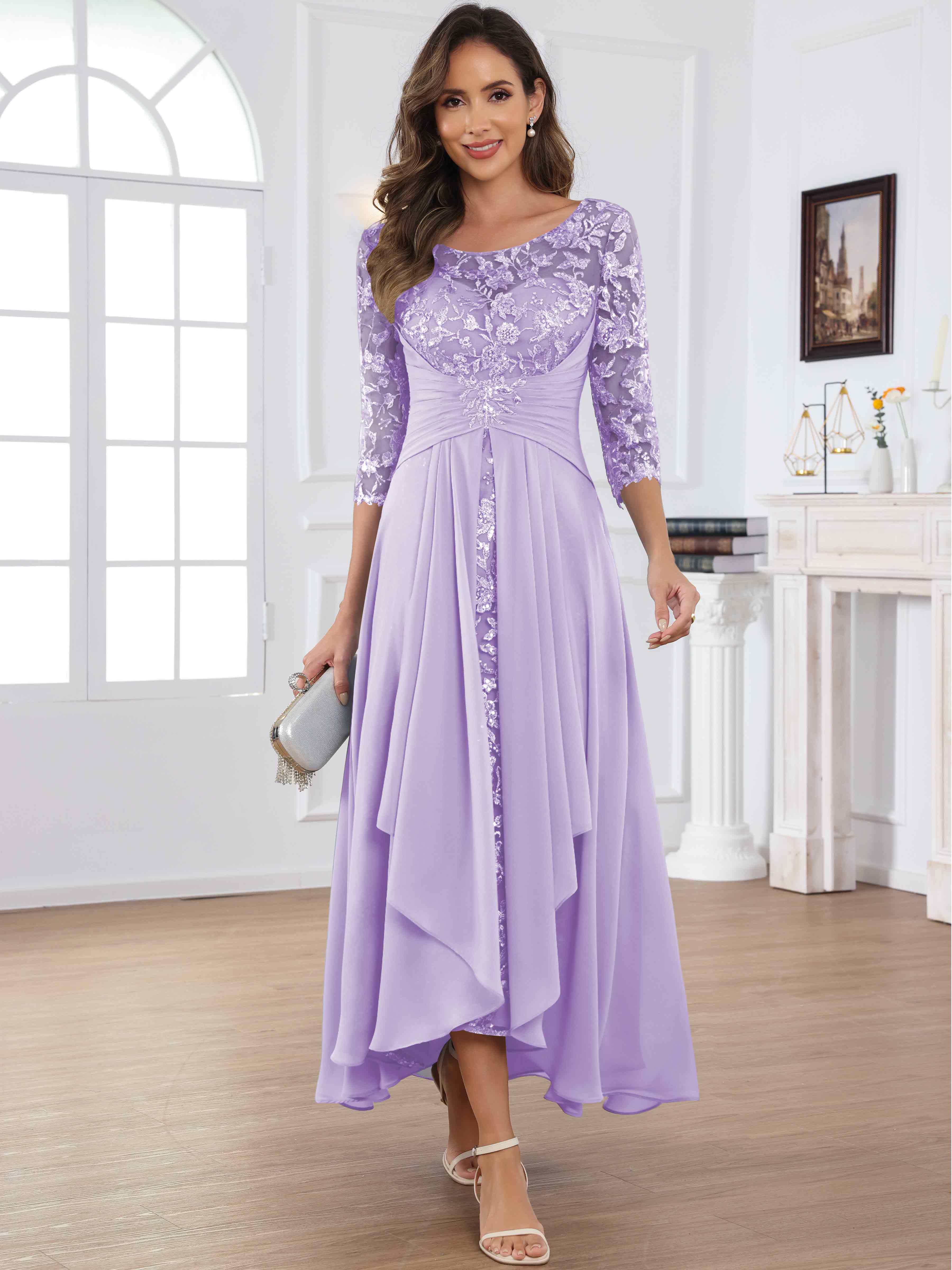 ROVDESY Tea Length Lace Chiffon Mother of The Bride Dress with 3/4 Sleeves
