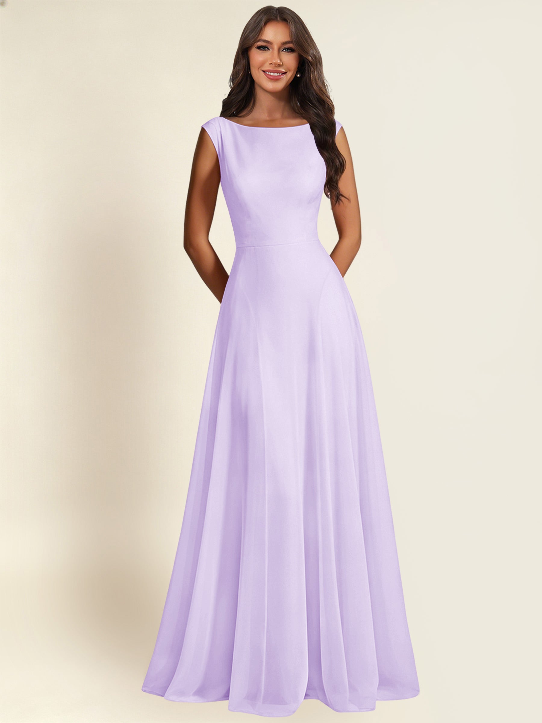 ROVDESY A-Line Chiffon Long Bridesmaid Dress With Sleeveless