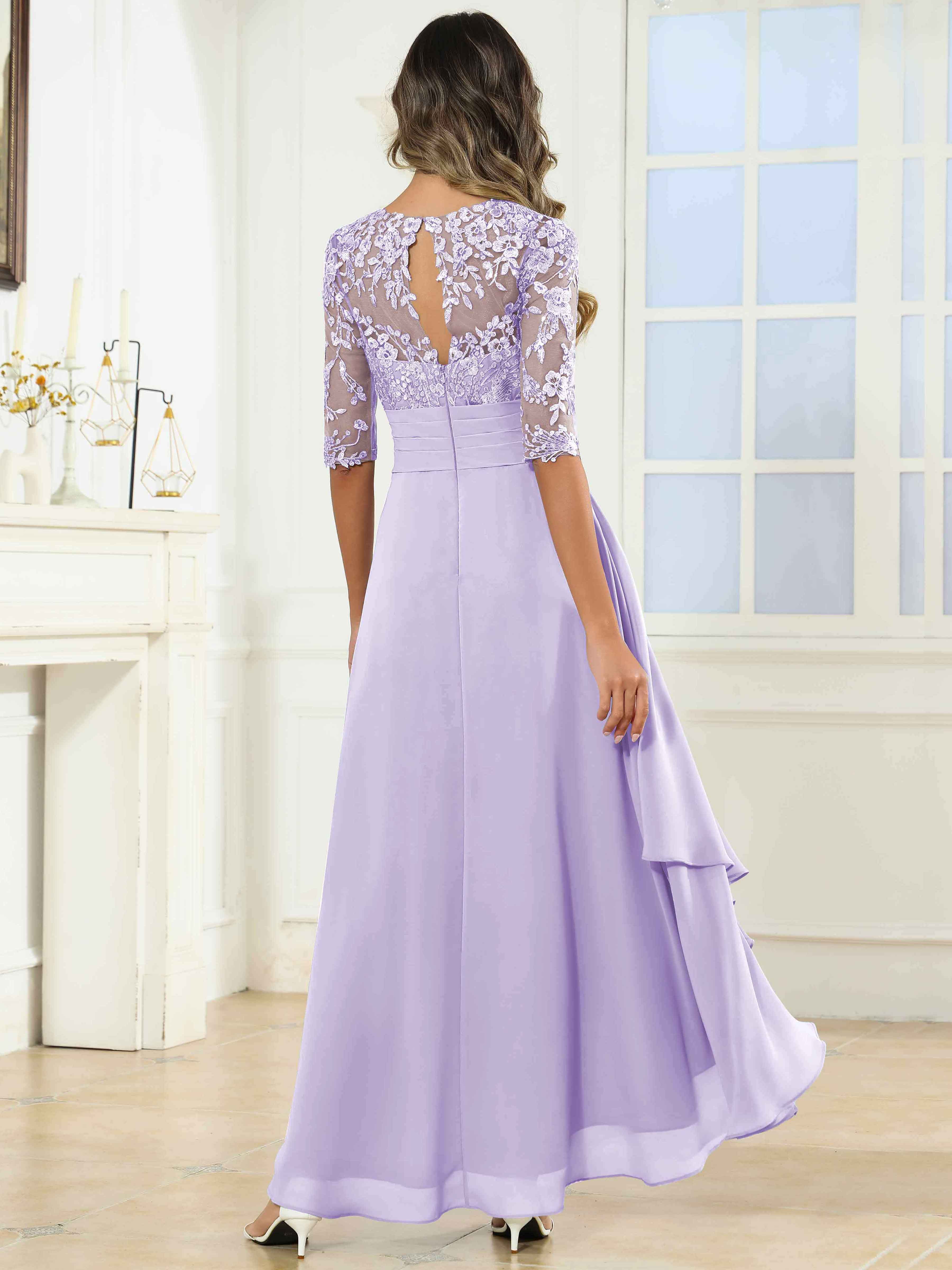 ROVDESY Tea Length A-Line Lace Chiffon Mother Of The Bride Dress With Half Sleeves