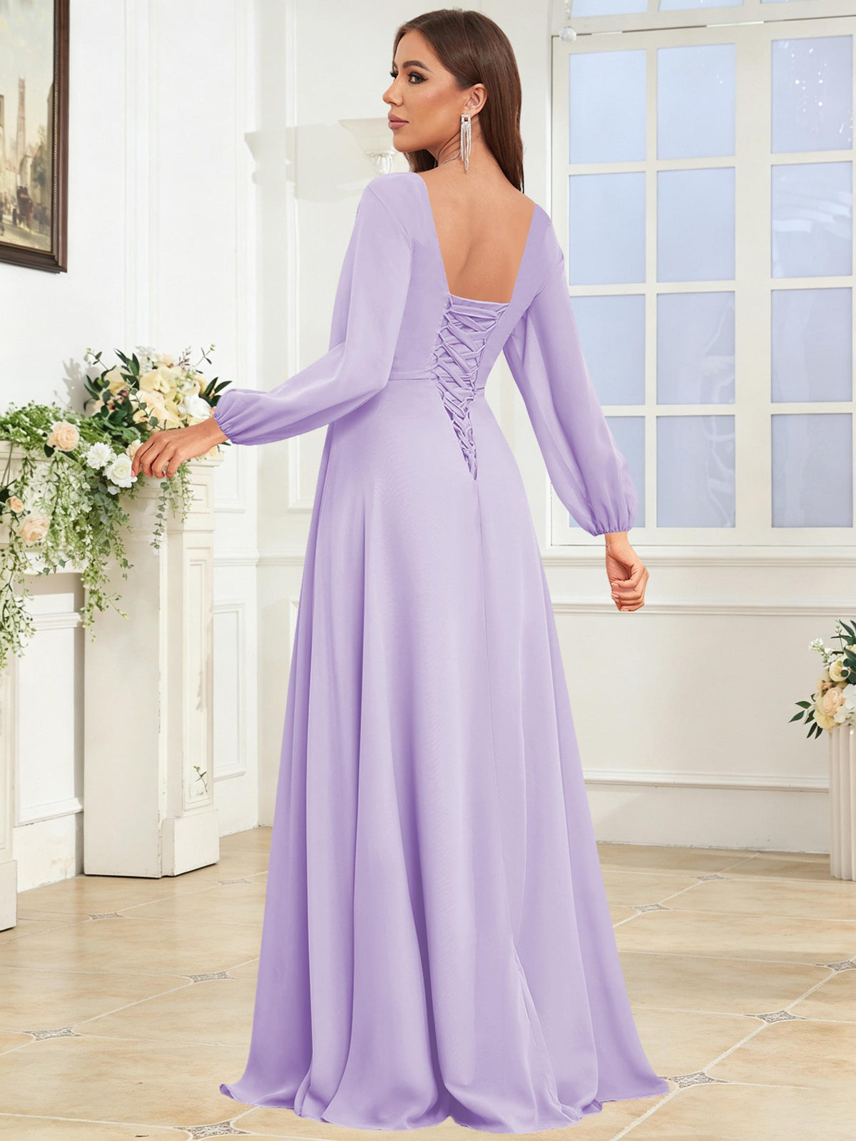 V Neck Chiffon Long Sleeve Bridesmaid Dresses with Slit
