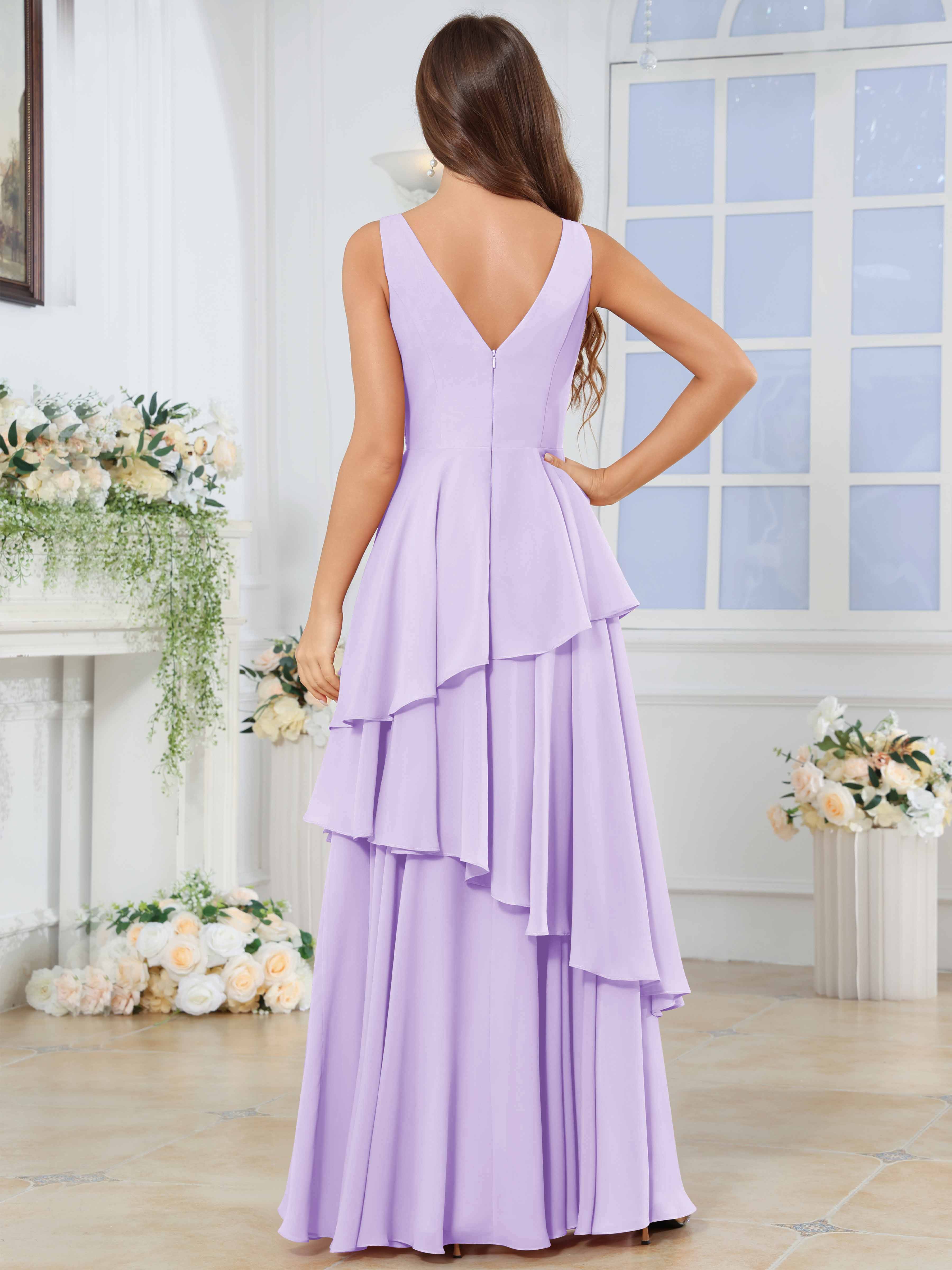 ROVDESY Long Sleeveless V-Neck Tiered Pleated Chiffon Bridesmaid Dress