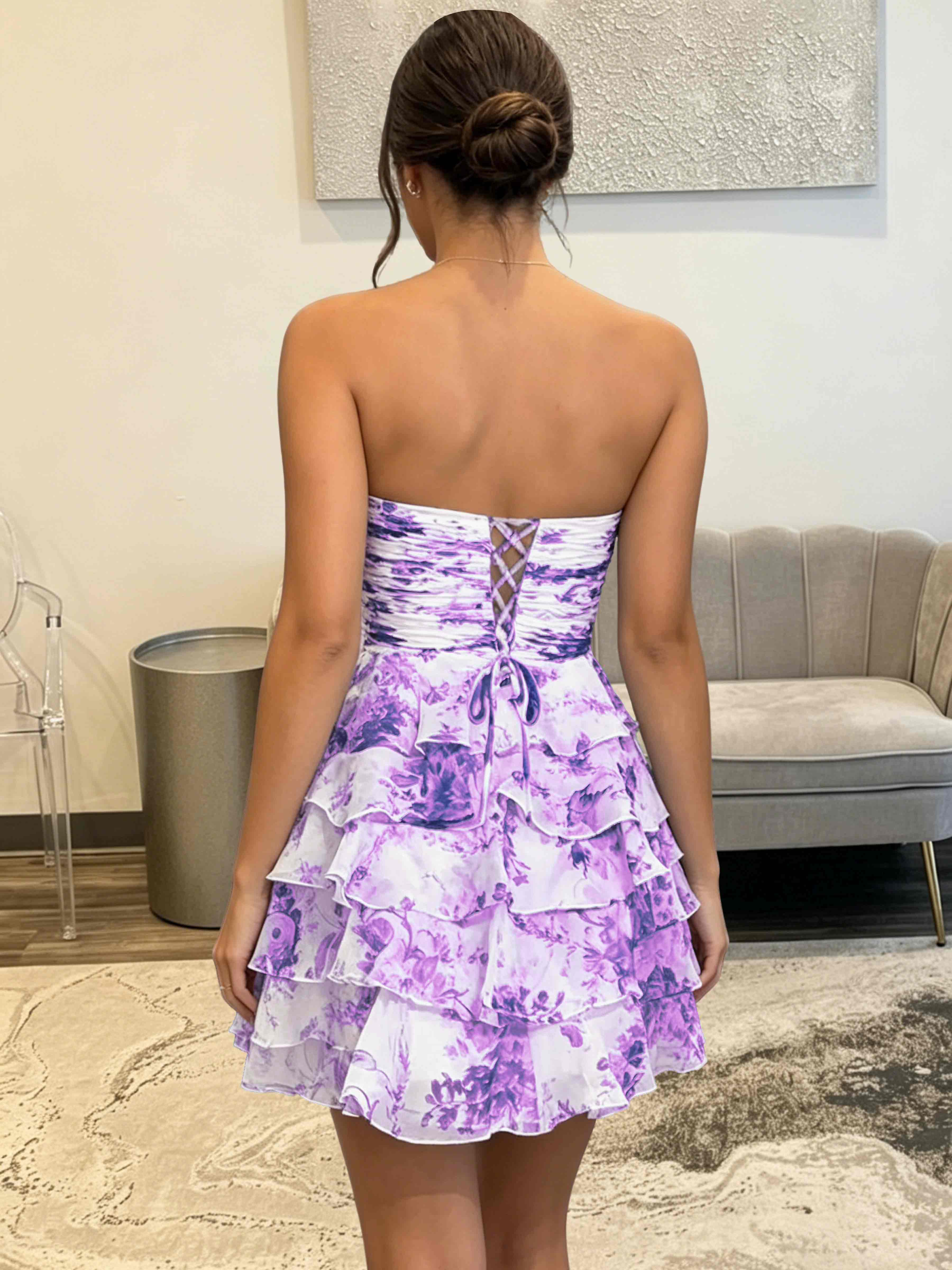 ROVDESY Strapless Tiered Ruffle Floral Print Chiffon Homecoming Mini Dress