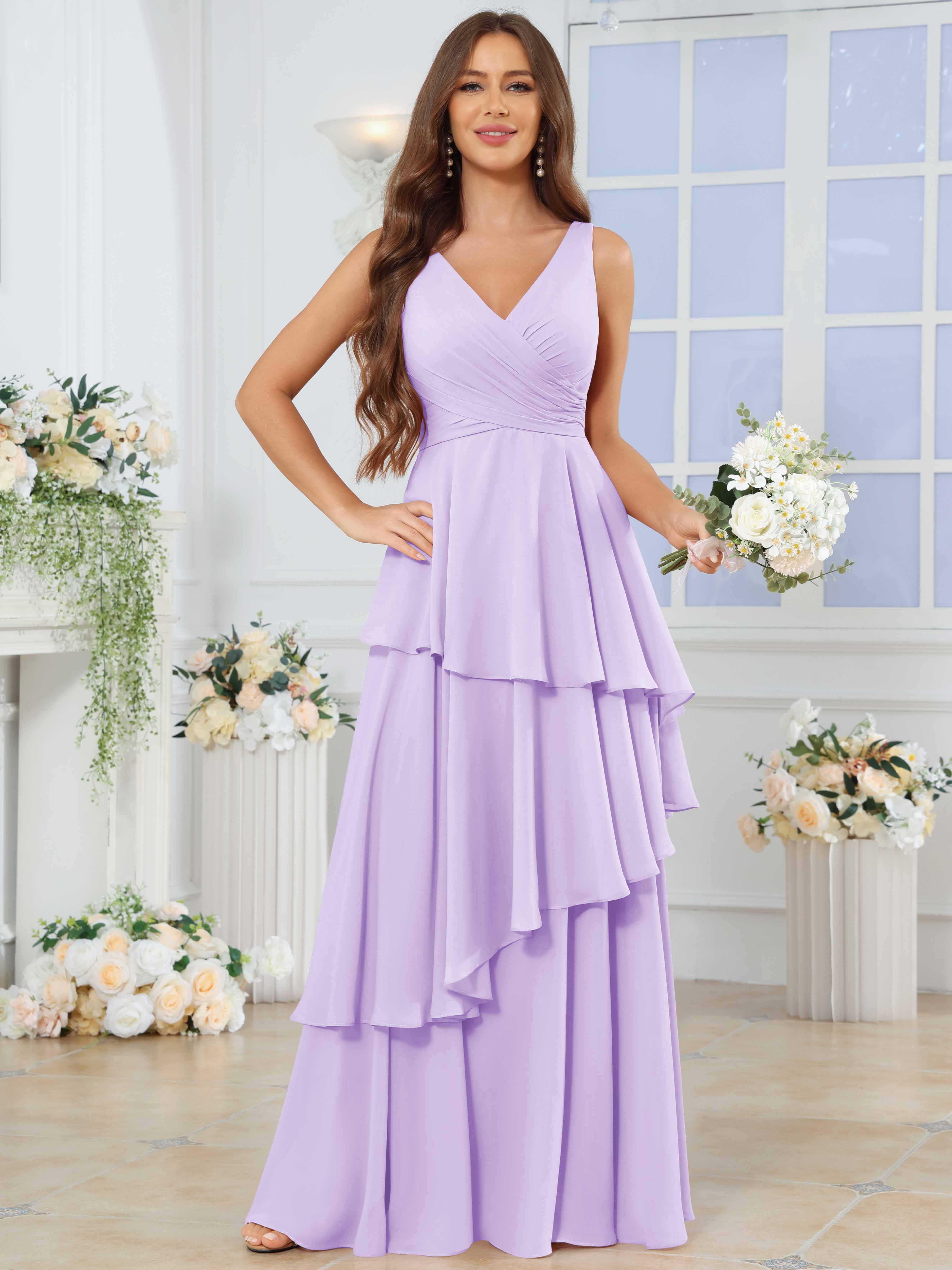 ROVDESY Long Sleeveless V-Neck Tiered Pleated Chiffon Bridesmaid Dress