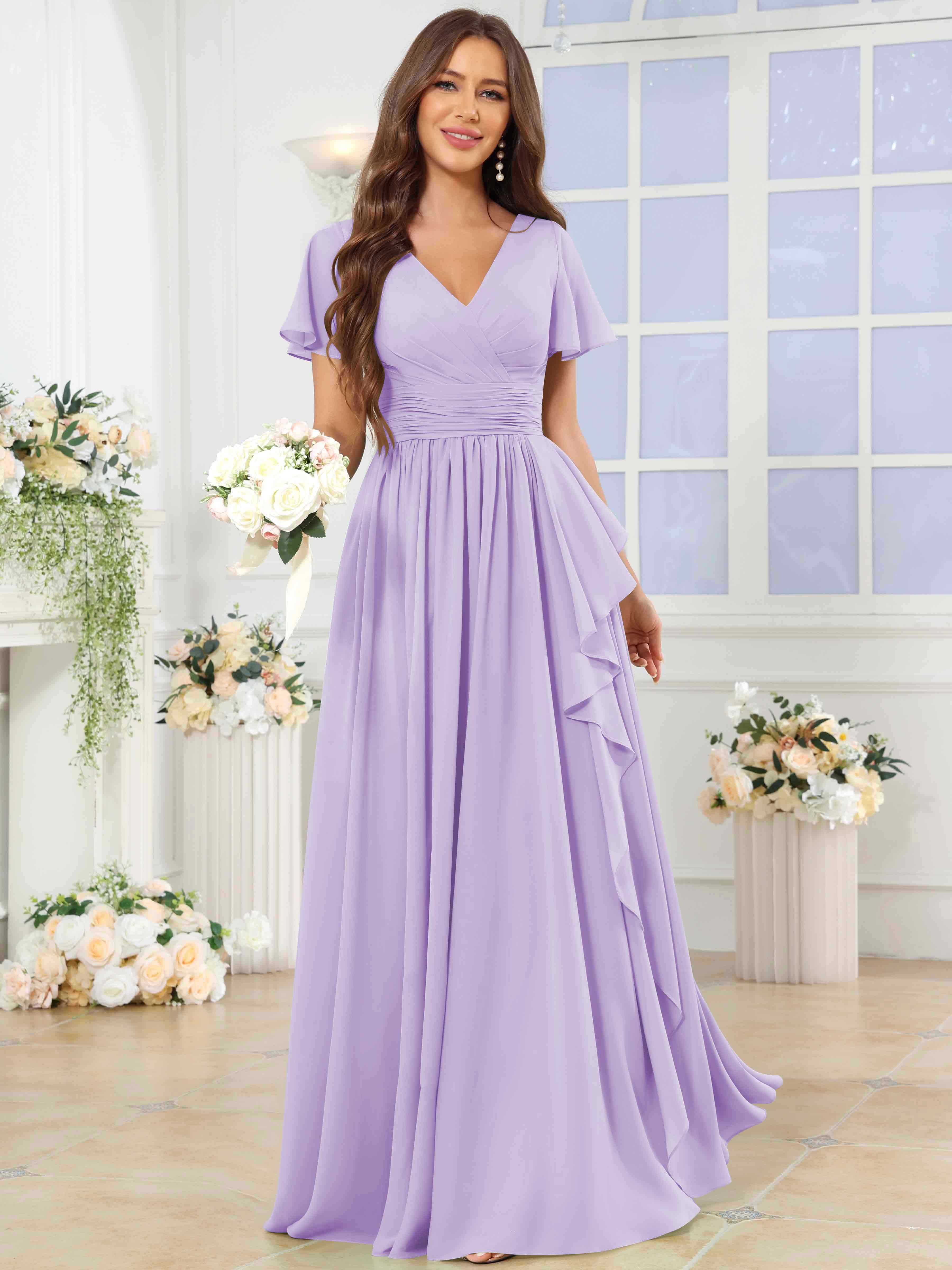 ROVDESY A-Line V-Neck Slit Pleated Ruffle Chiffon Bridesmaid Dress With Short Sleeves