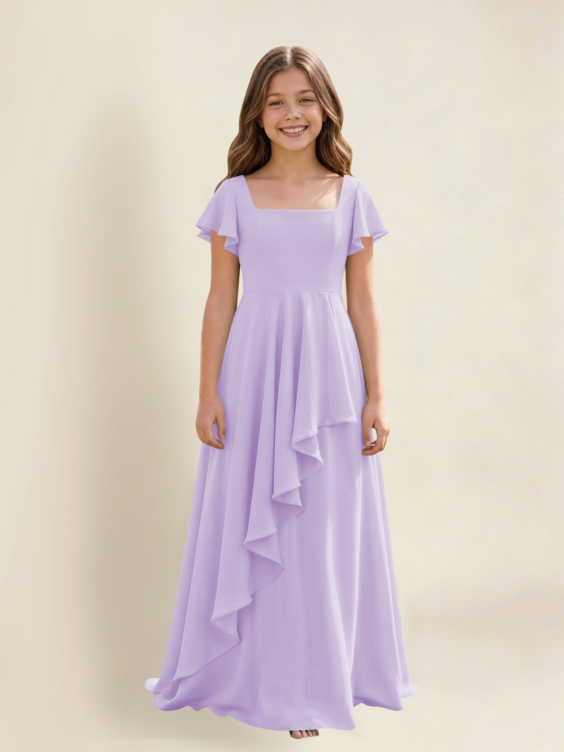 ROVDESY A-Line Square Neck Ruffle Chiffon Junior Bridesmaid Dress With Short Sleeves