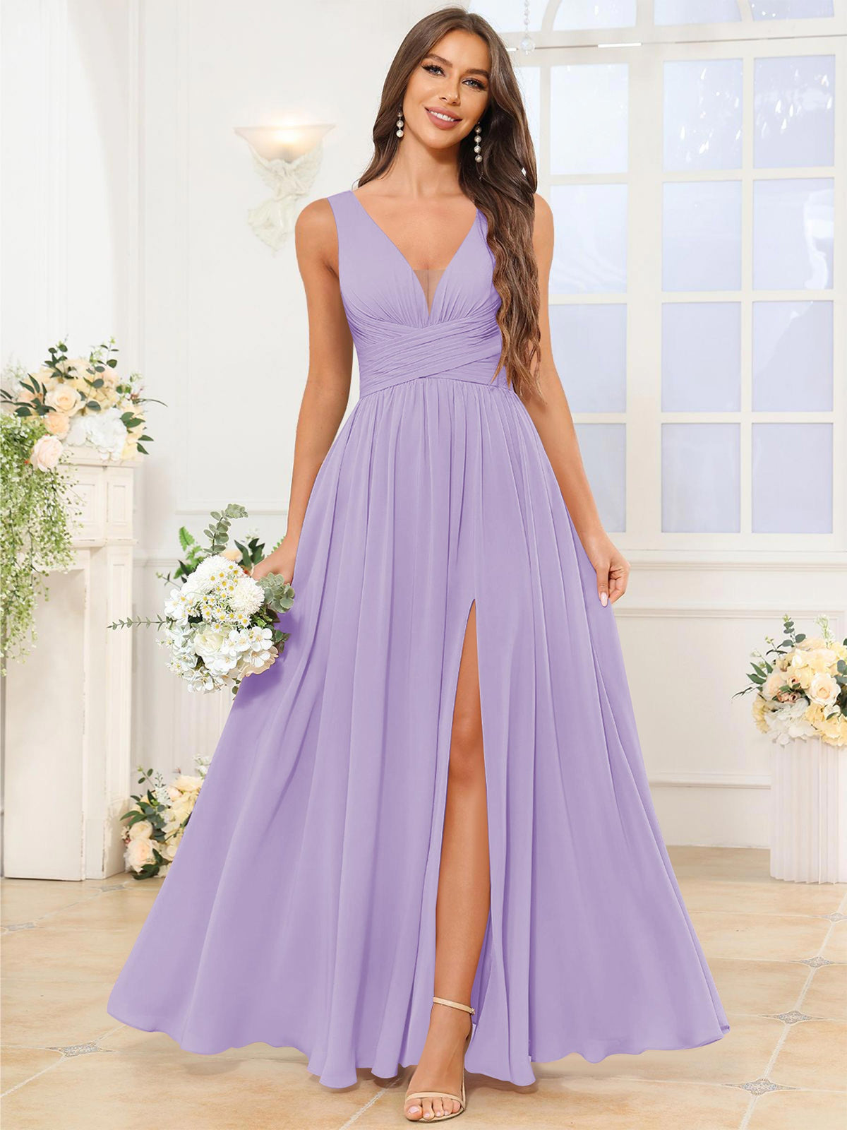 V Neck Chiffon A Line Bridesmaid Dress with Slit