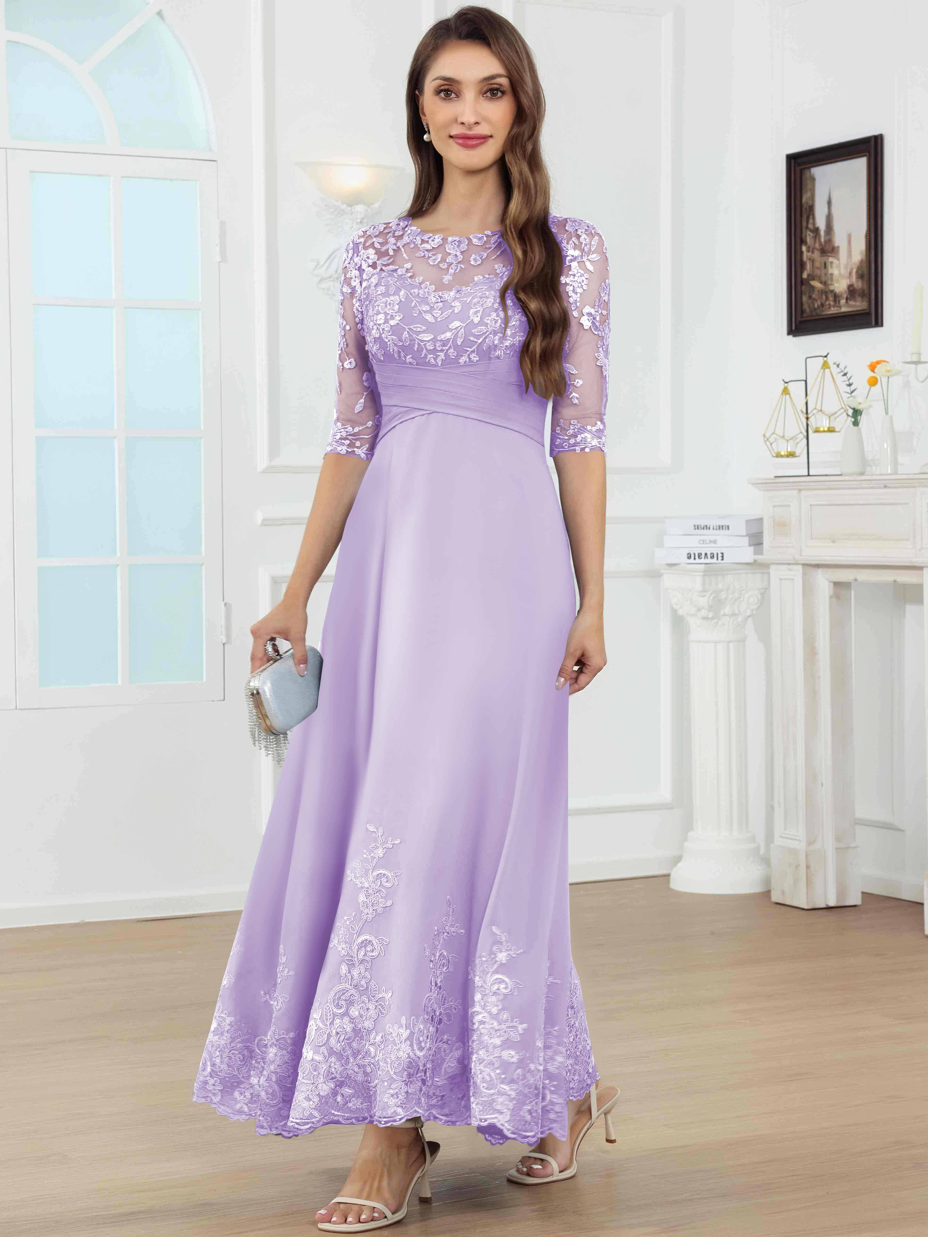 ROVDESY A-Line Lace Sequin Pleated Chiffon Mother Of The Bride Dress With Half Sleeves