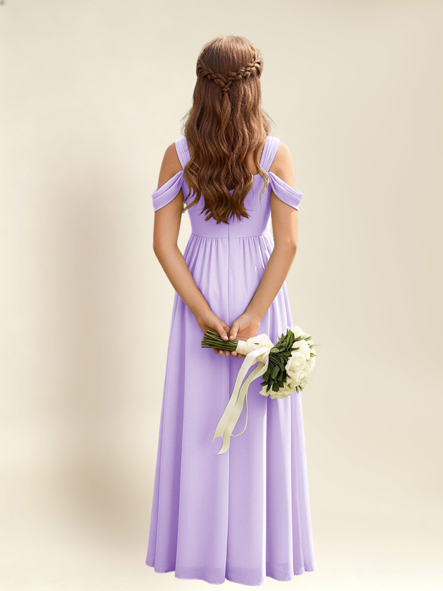 ROVDESY A-Line Off The Shoulder Pleated Chiffon Junior Bridesmaid Dress