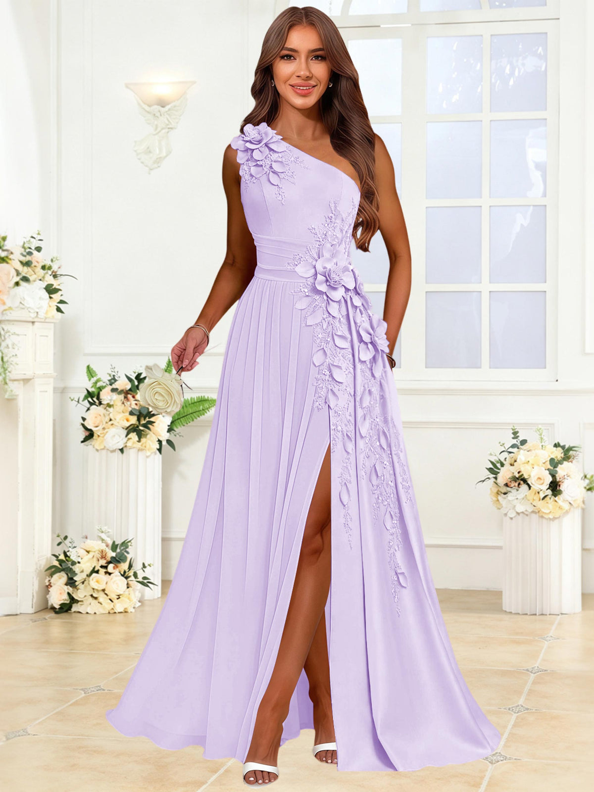 One Shoulder 3D Flower Chiffon Bridesmaid Dress with Slit