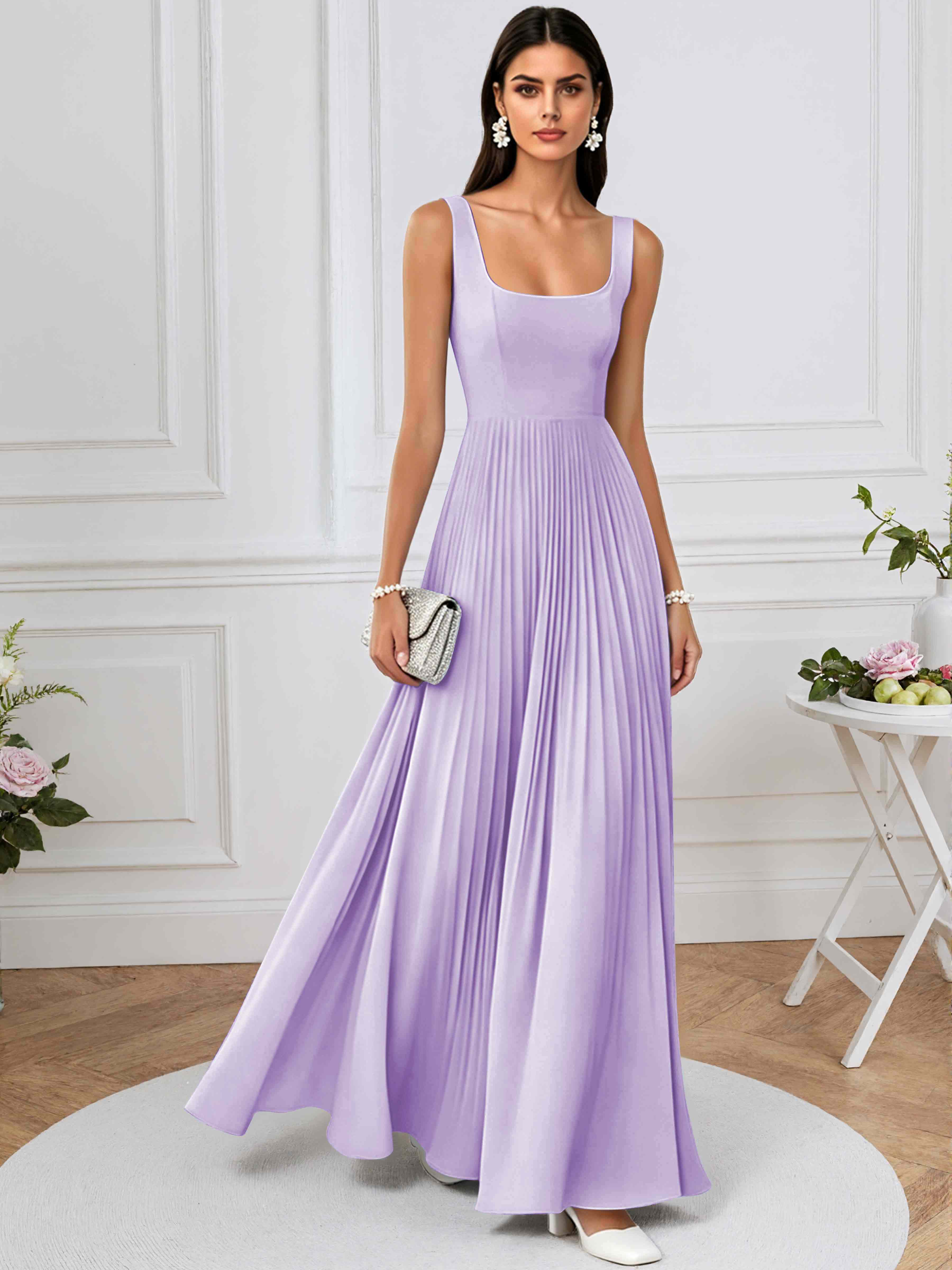 ROVDESY A-Line Square Neck Pleated Chiffon Long Bridesmaid/Prom Dress