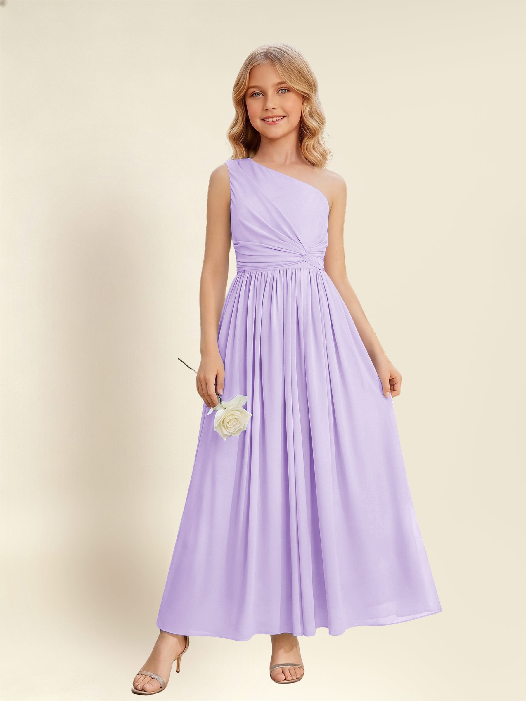 ROVDESY One Shoulder Twist Waist Chiffon Junior Bridesmaid Maxi Dress