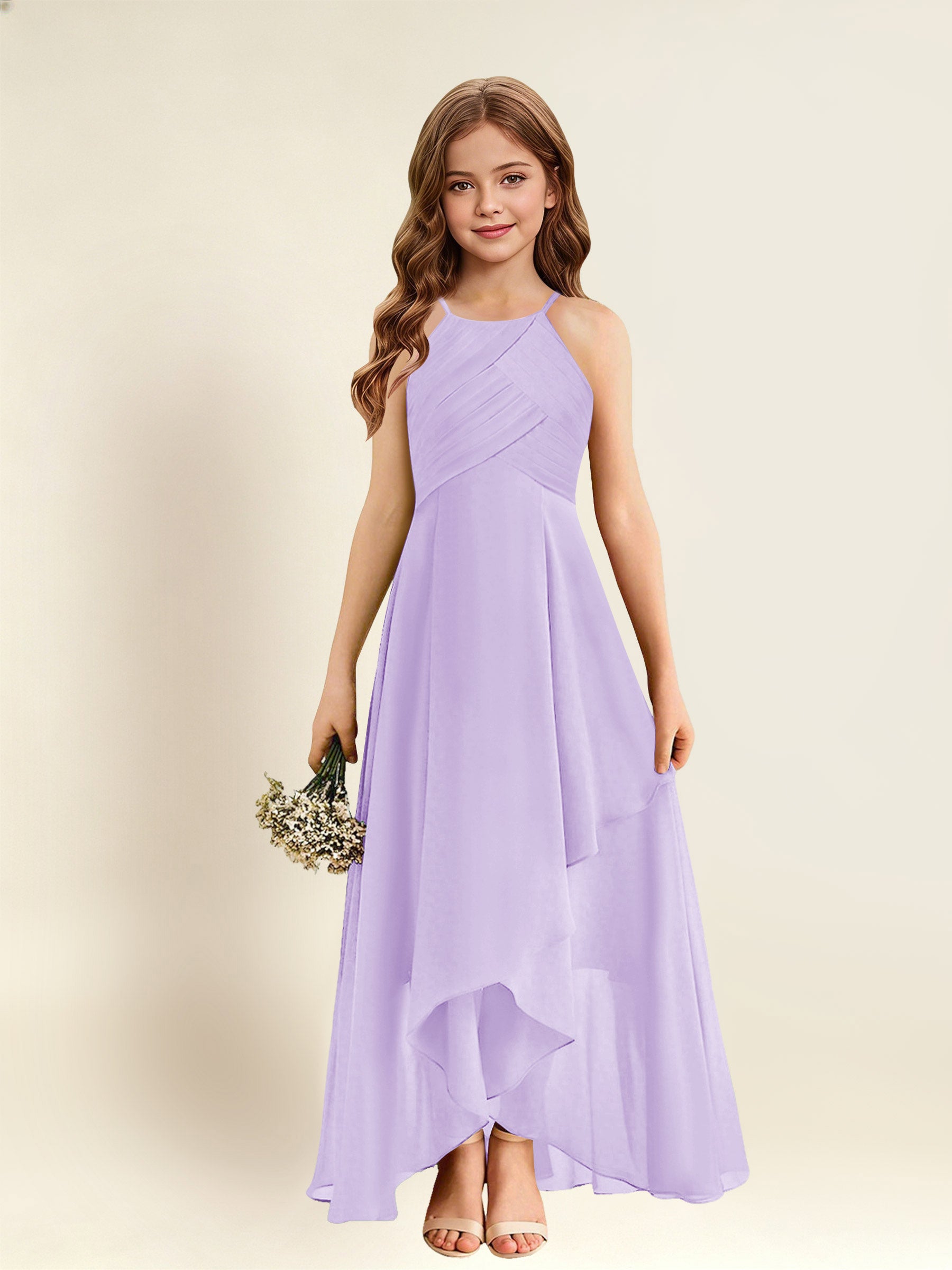 ROVDESY A-Line Halter Pleated Chiffon Junior Bridesmaid Dress