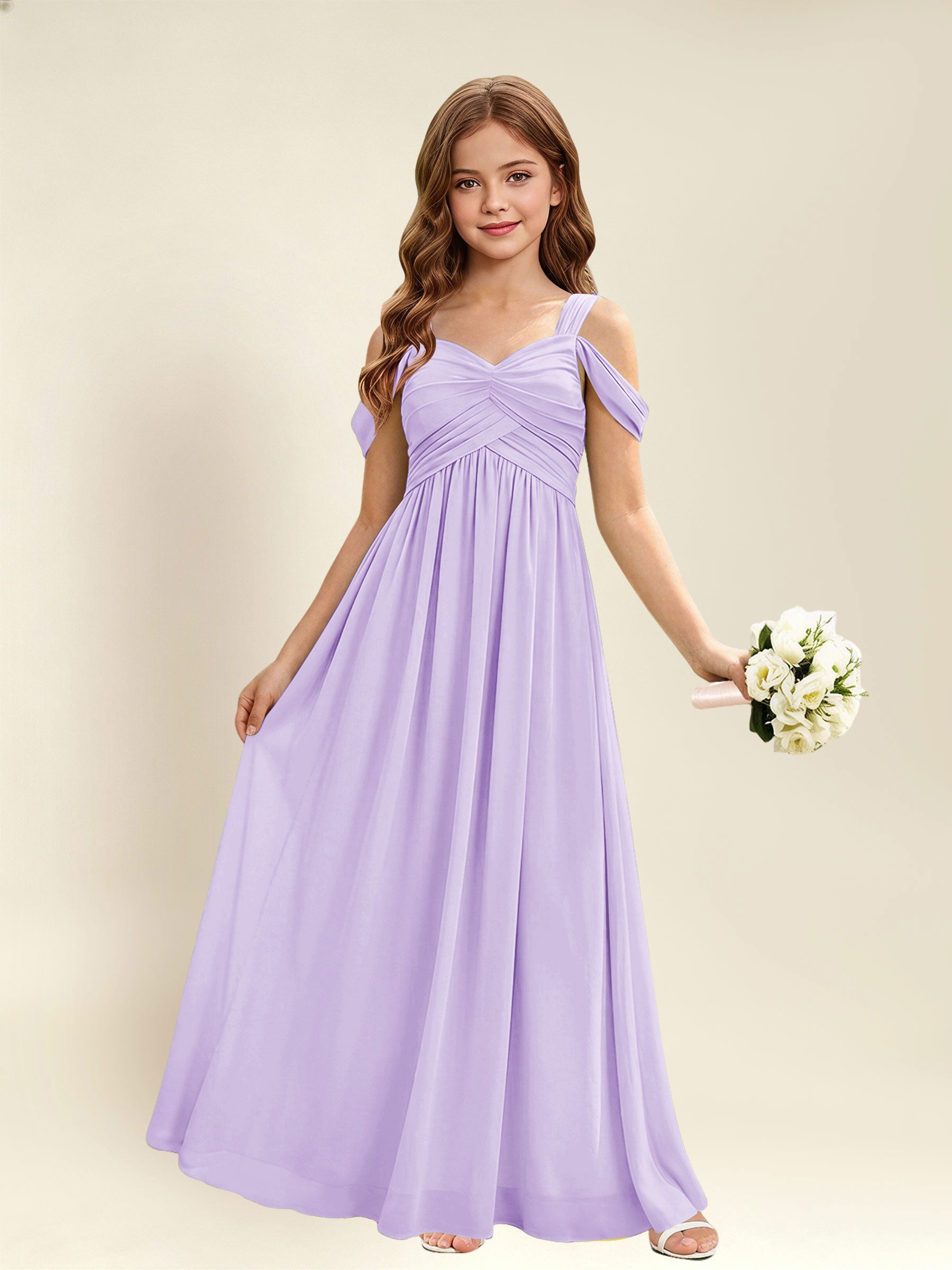 ROVDESY A-Line Off The Shoulder Pleated Chiffon Junior Bridesmaid Dress