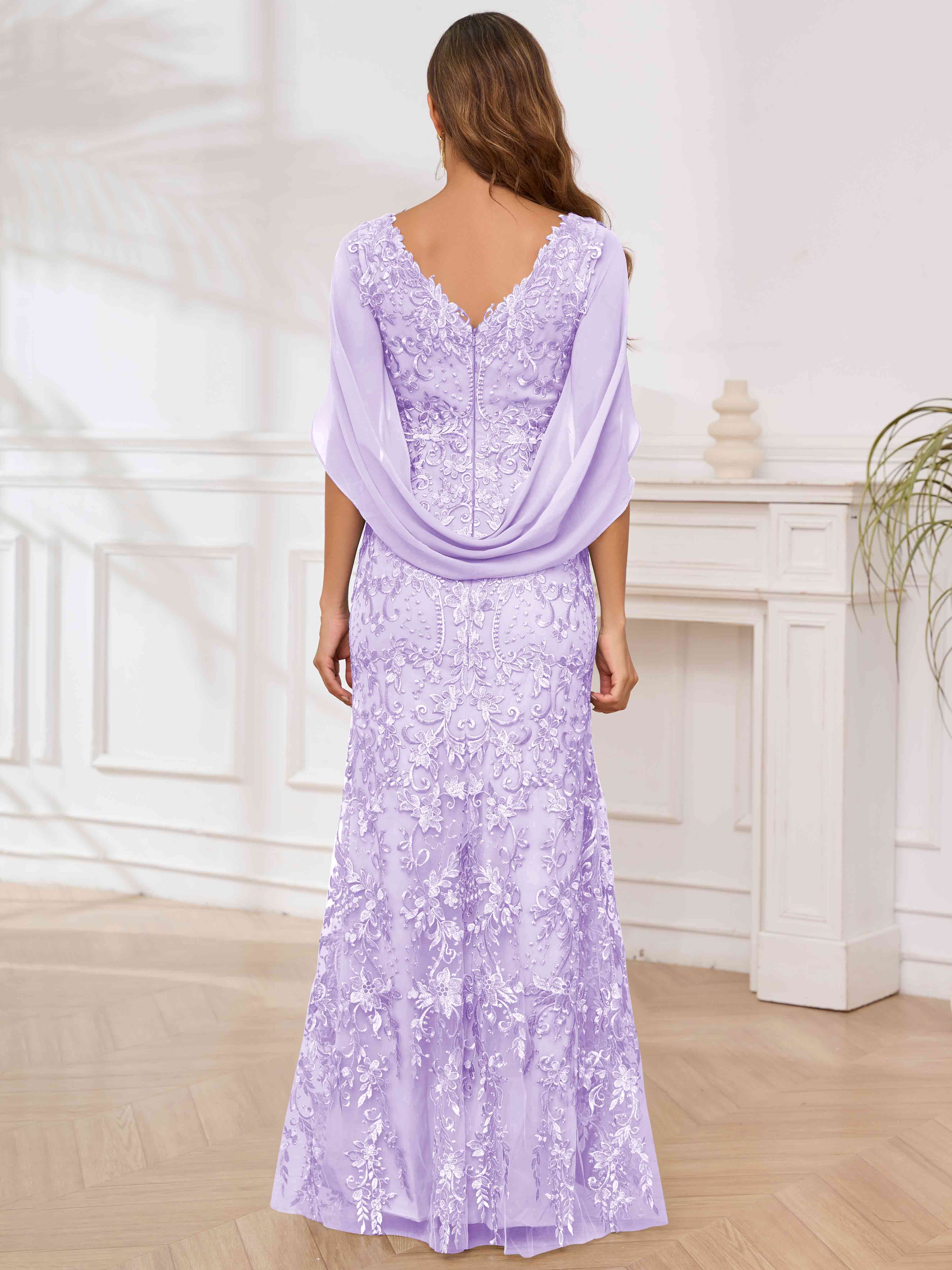 ROVDESY V-Neck Lace Mermaid Mother Of The Bride Dress With Cape Sleeves Long Formal Gown