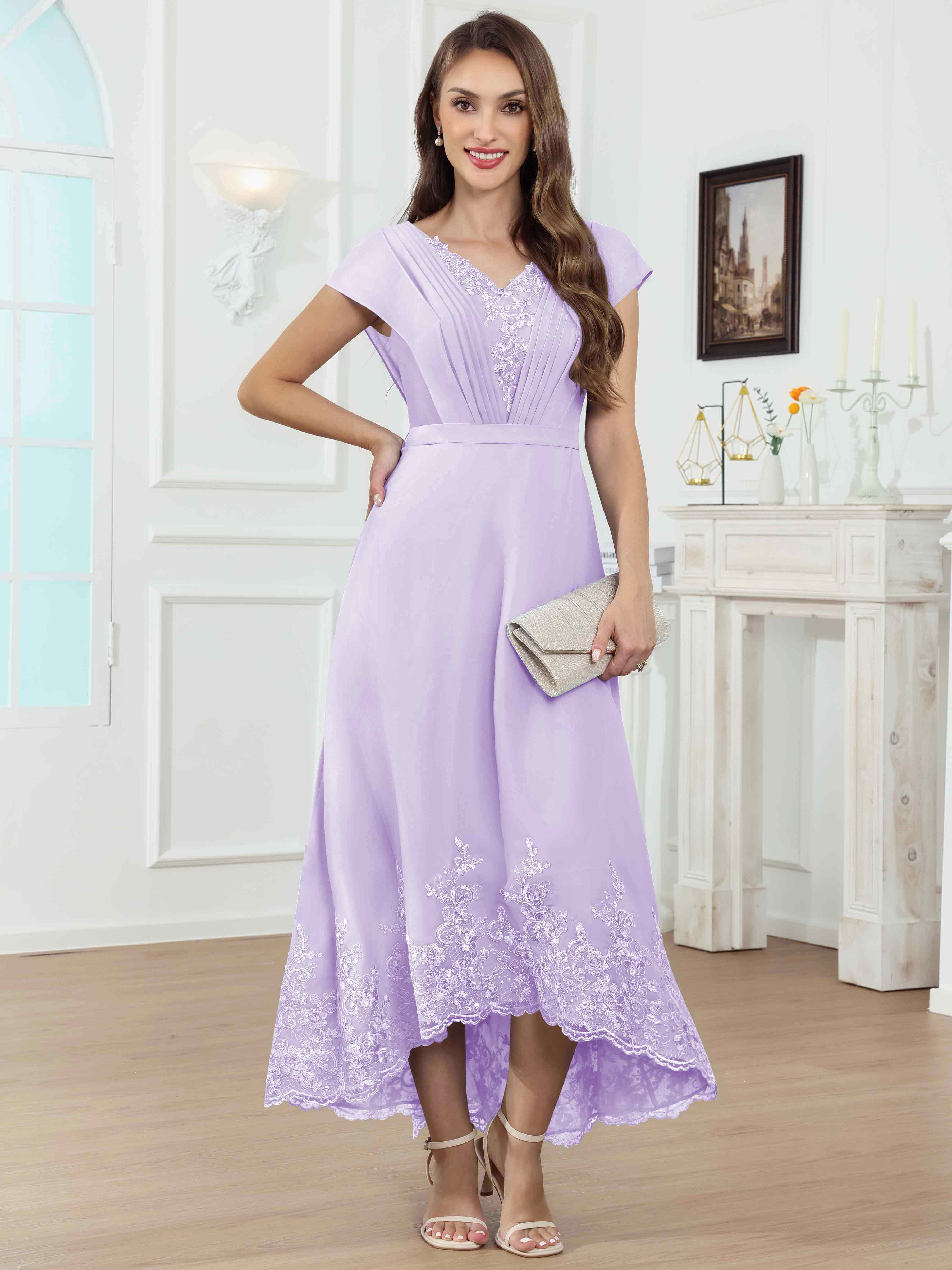 ROVDESY Tea Length High-Low V-Neck Ruched Lace Chiffon Mother of The Bride Dress for Women