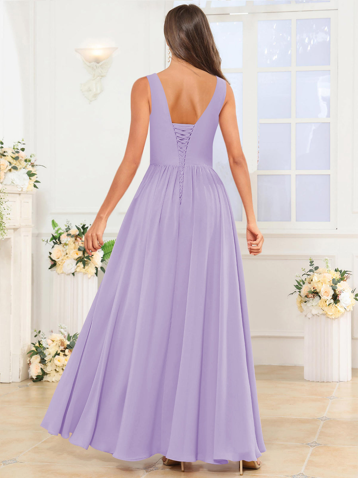 V Neck Chiffon A Line Bridesmaid Dress with Slit