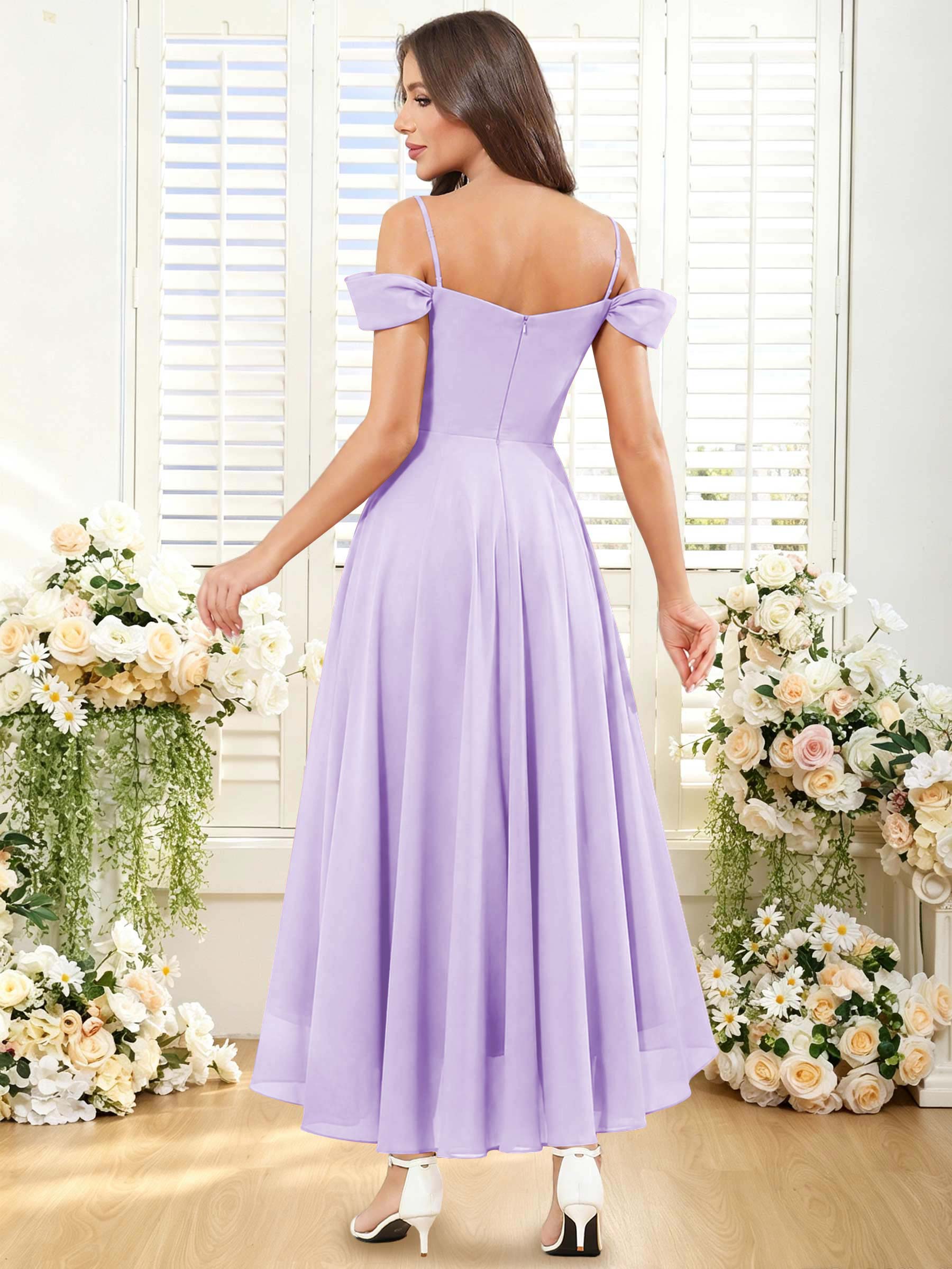 ROVDESY ROVDESY Short Cold Shoulder Sweetheart High Low Pleated Chiffon Bridesmaid Dress