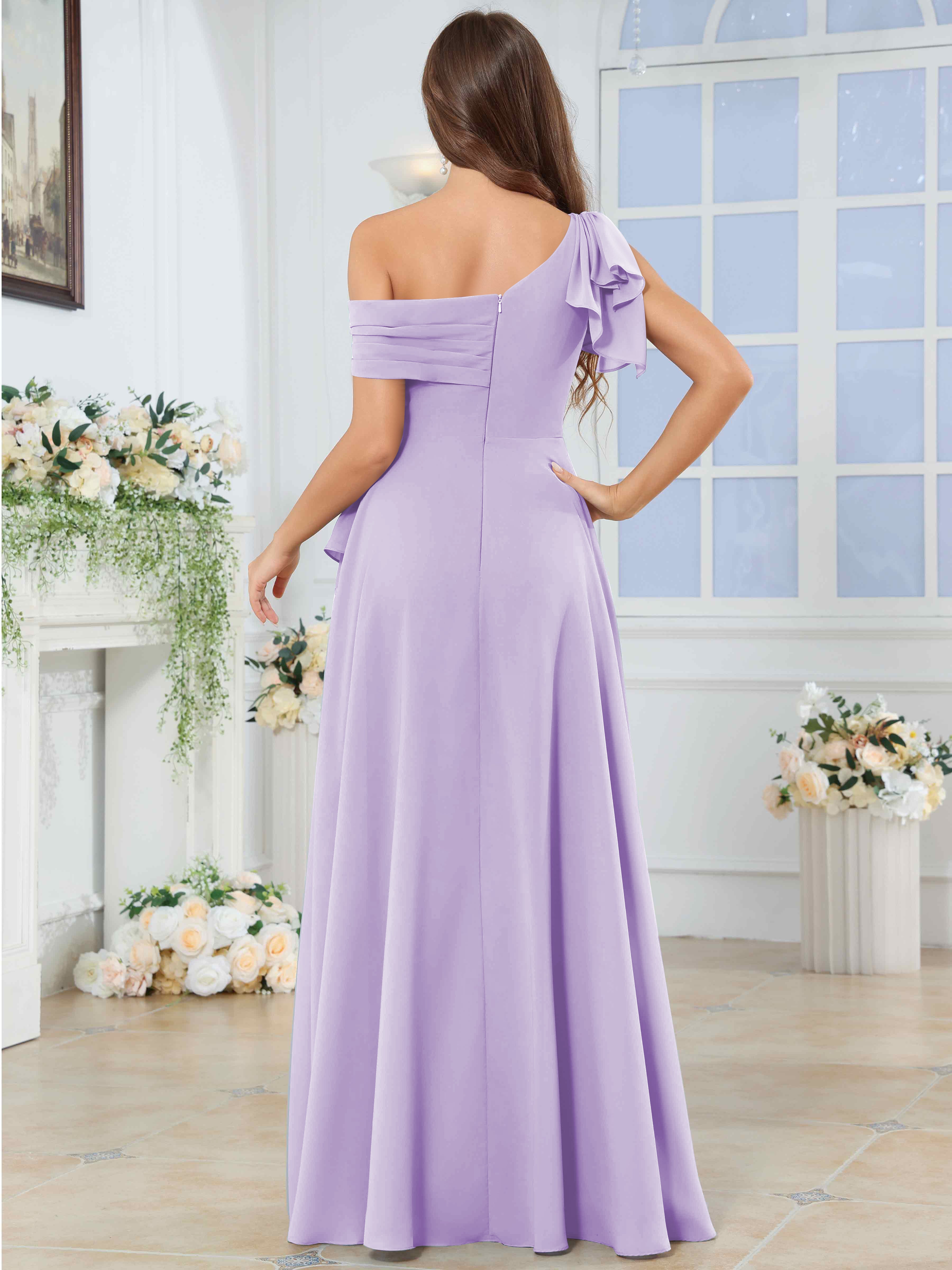 ROVDESY One Shoulder Pleated Ruffle Chiffon Bridesmaid Dress With Slit