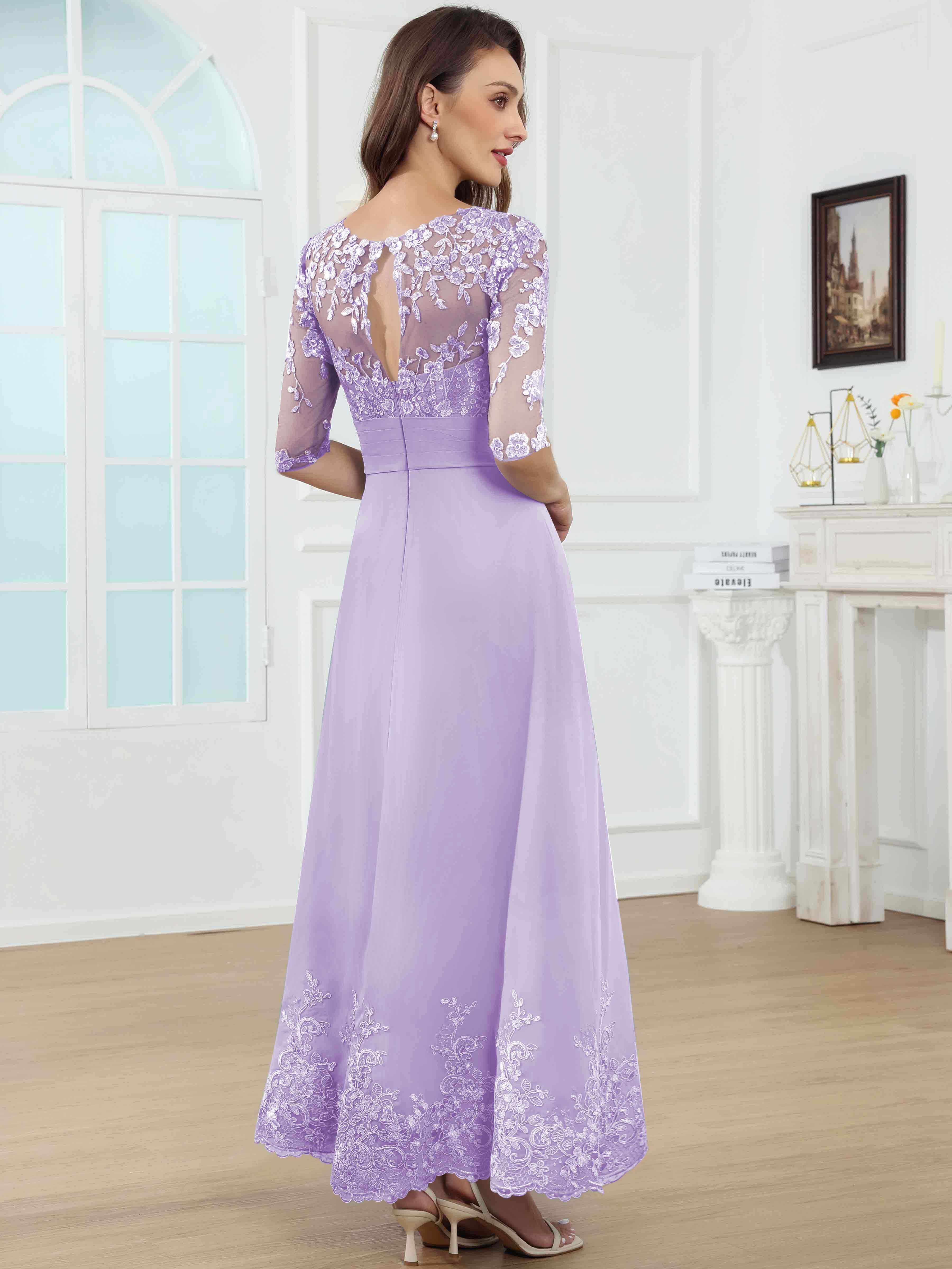 ROVDESY A-Line Lace Sequin Pleated Chiffon Mother Of The Bride Dress With Half Sleeves