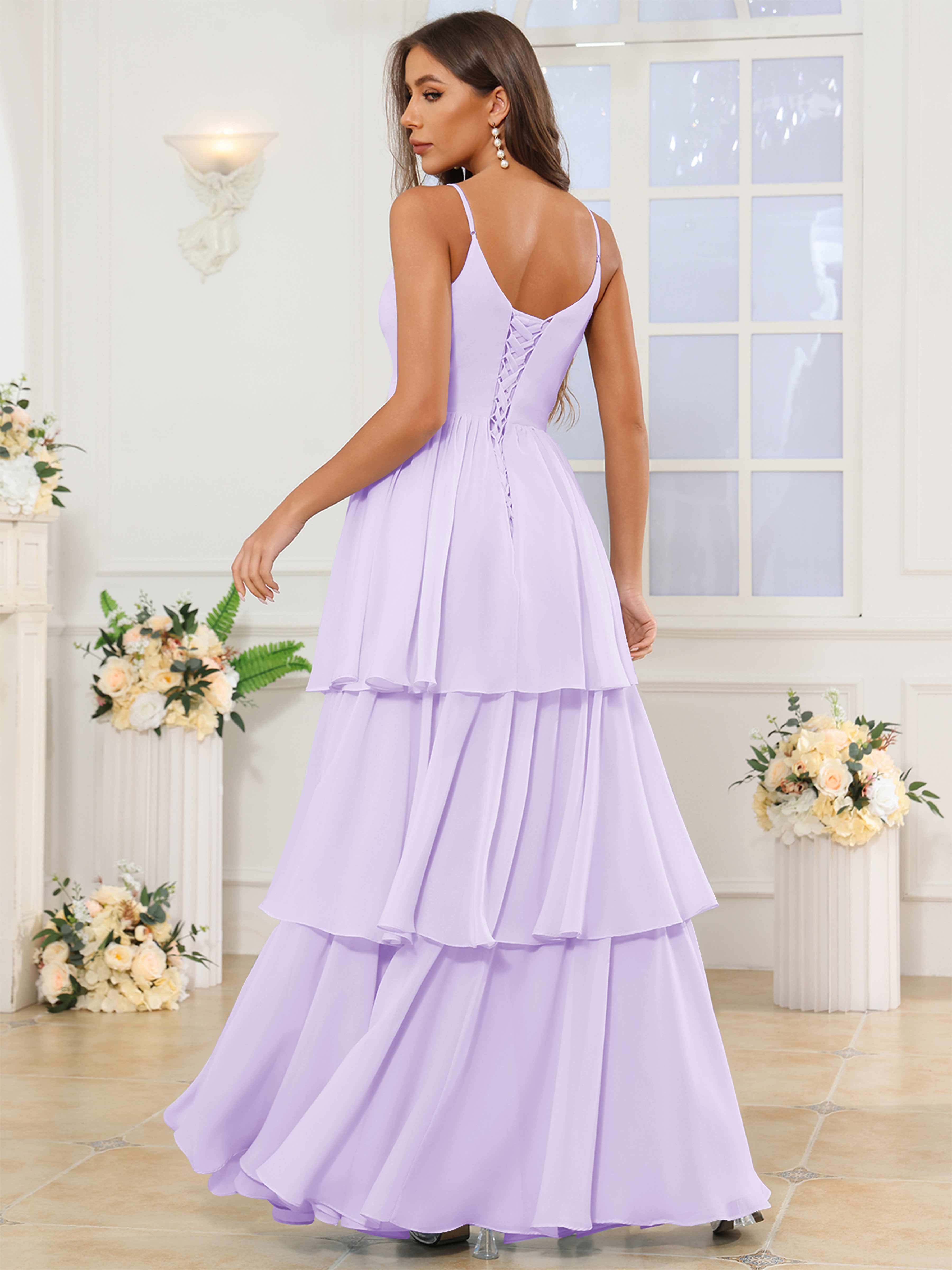 ROVDESY V-Neck Spaghetti Straps Tiered Chiffon Bridesmaid Dress With Ruffles