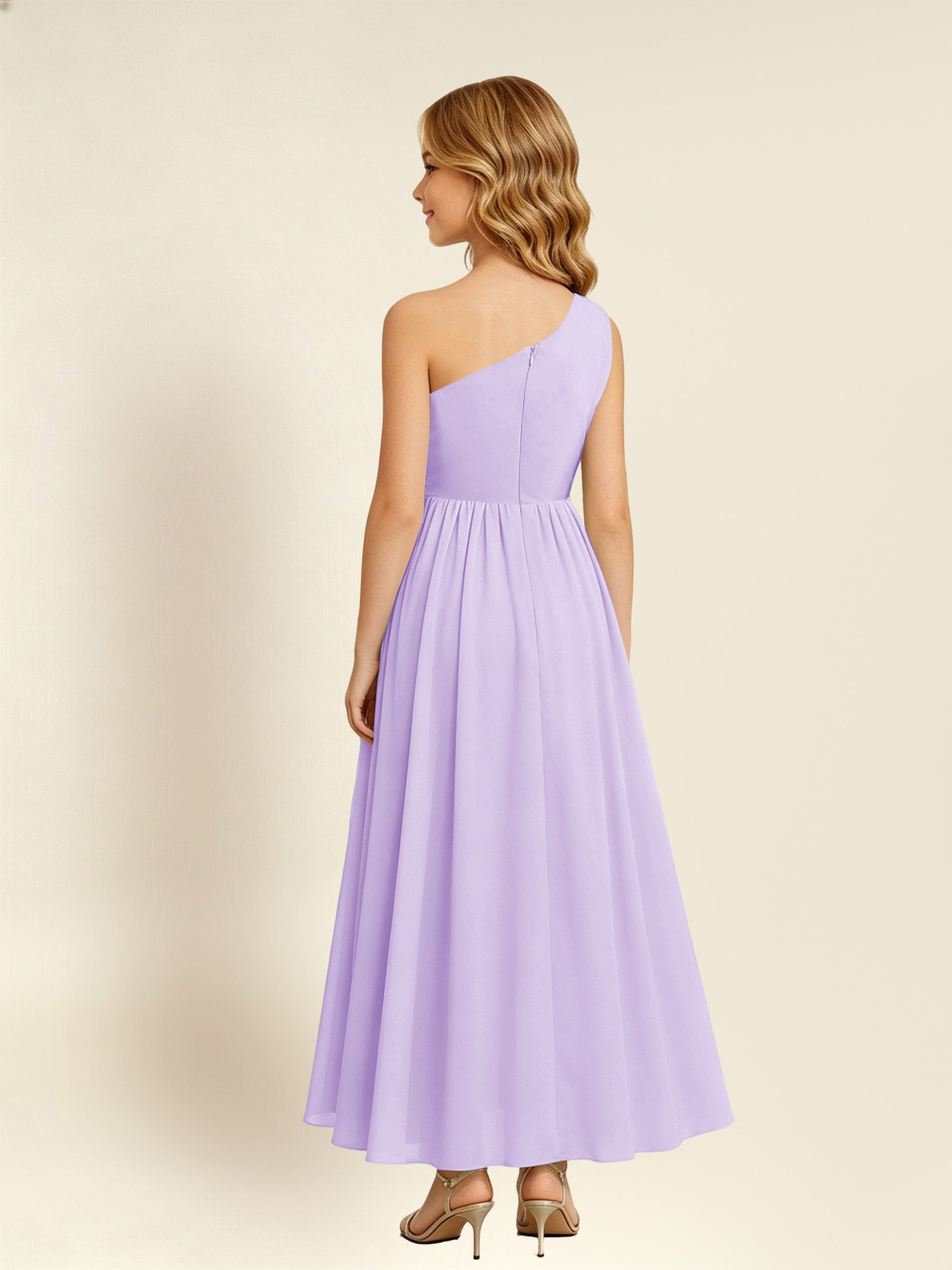 ROVDESY One Shoulder Twist Waist Chiffon Junior Bridesmaid Maxi Dress