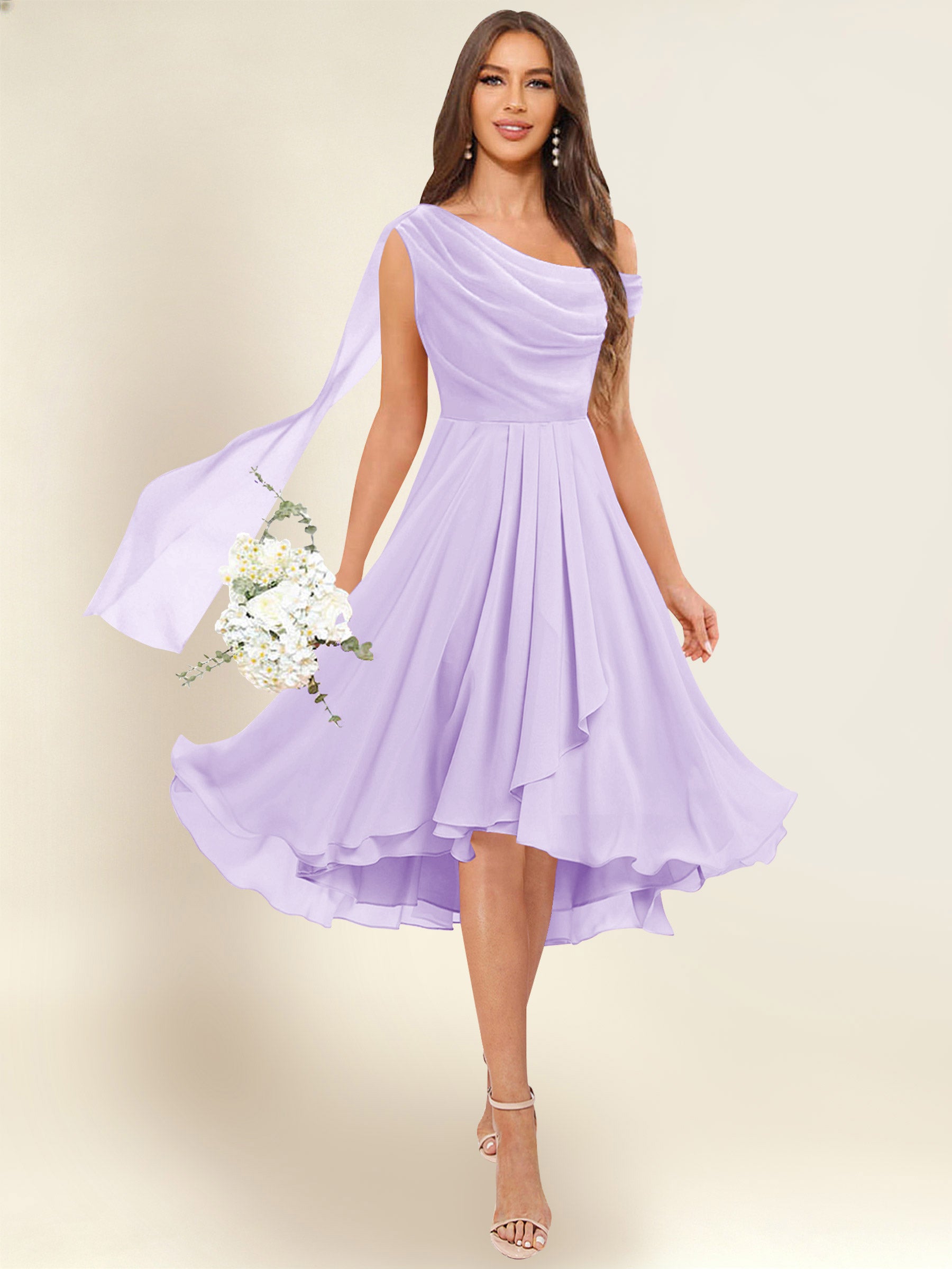 ROVDESY A-Line One Shoulder Pleated Chiffon Bridesmaid Dress With Flowing Sash