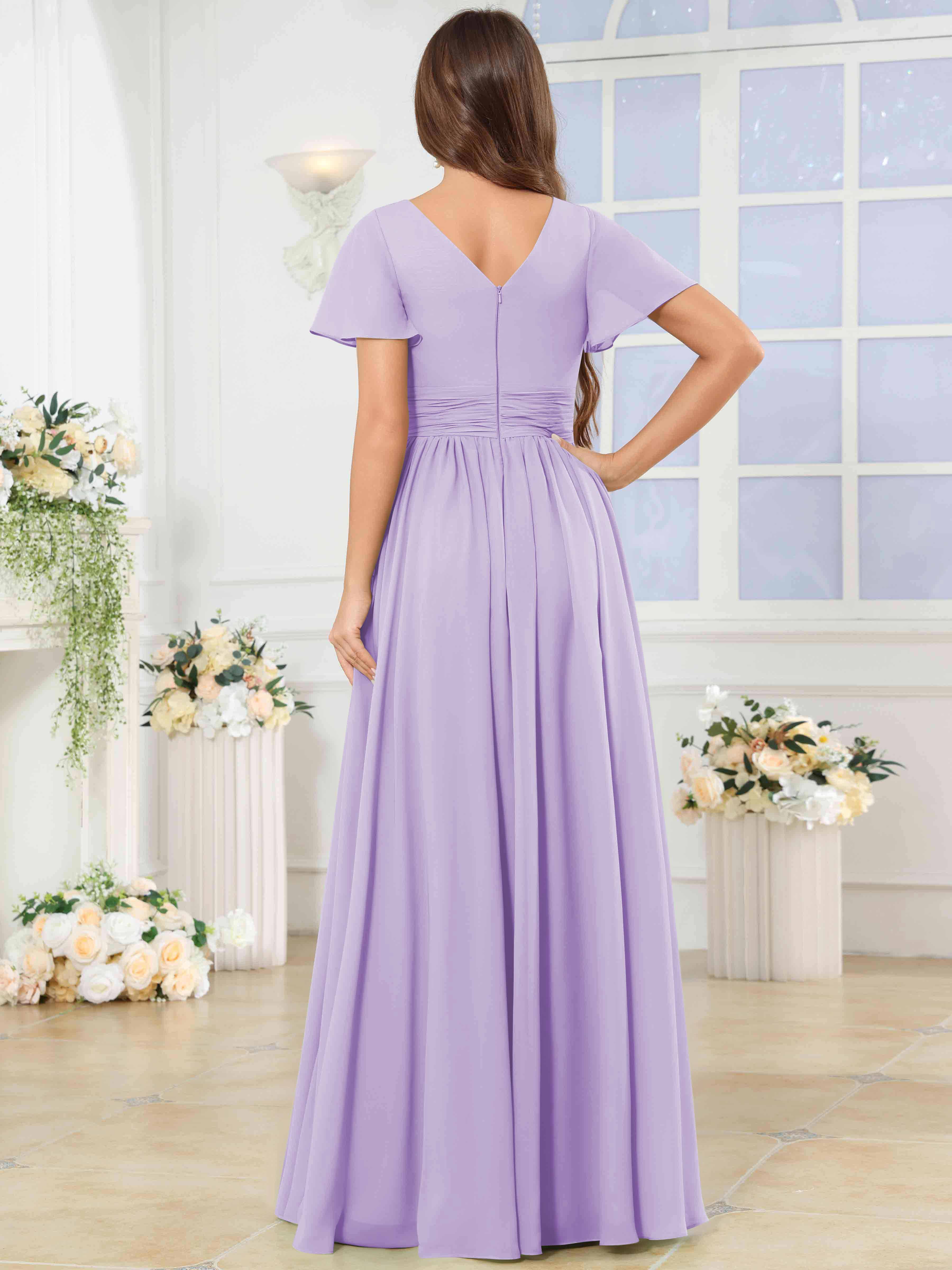 ROVDESY A-Line V-Neck Slit Pleated Ruffle Chiffon Bridesmaid Dress With Short Sleeves