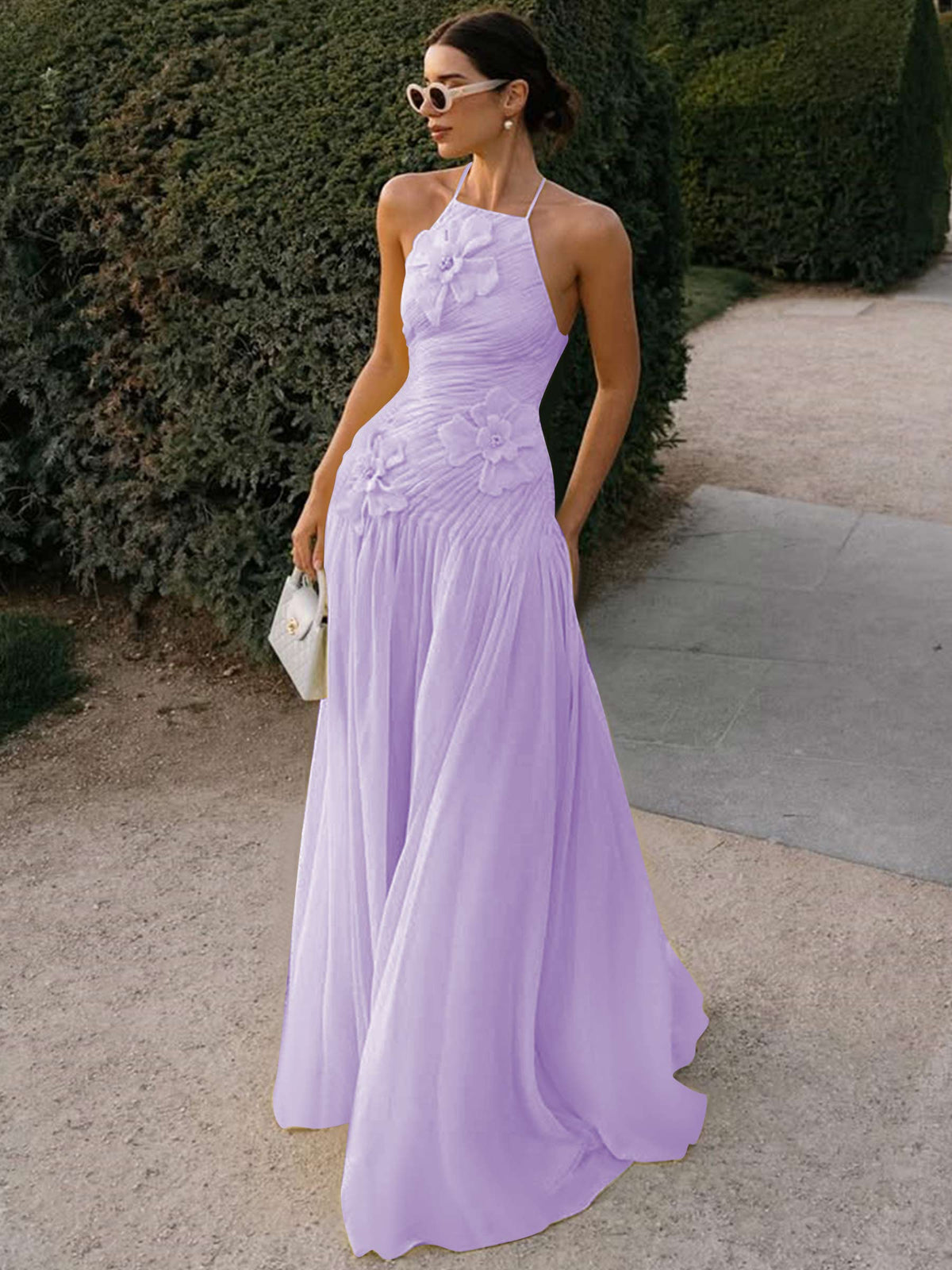 Halter Long Pleated Chiffon Prom Dress with 3D Flower