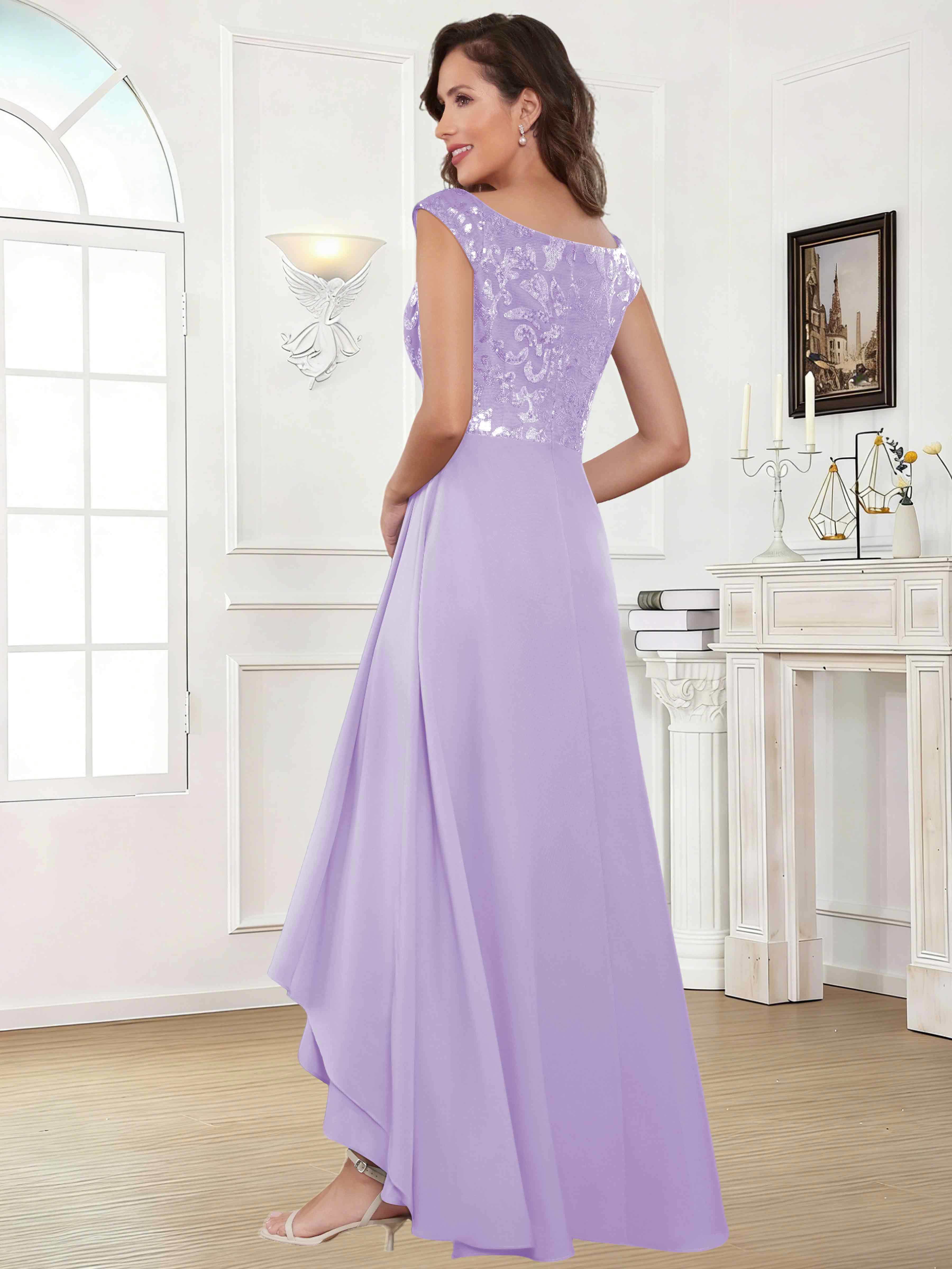 ROVDESY Tea Length Off-The-Shoulder Sequin Chiffon Mother Of The Bride Dress