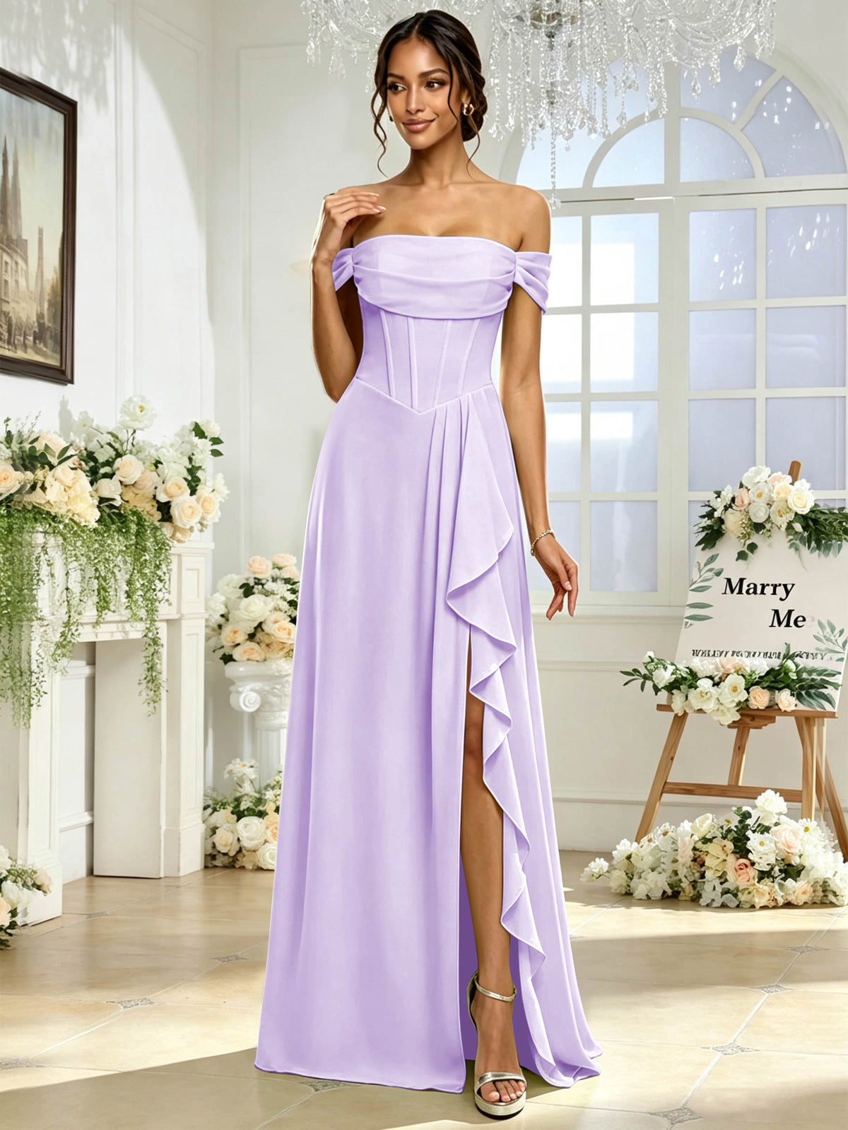 Off the Shoulder Chiffon A Line Long Bridesmaid Dress with Slit