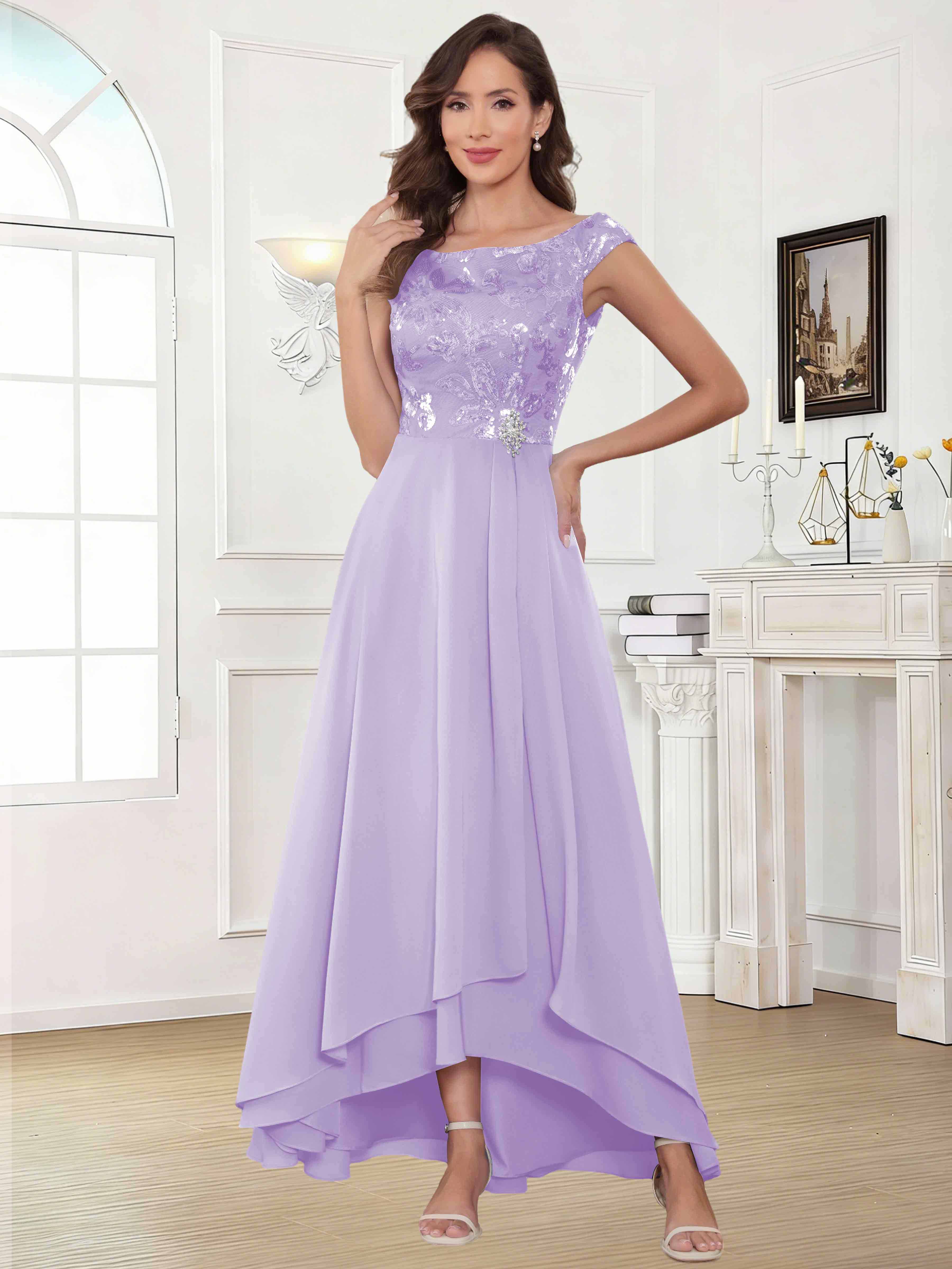 ROVDESY Tea Length Off-The-Shoulder Sequin Chiffon Mother Of The Bride Dress