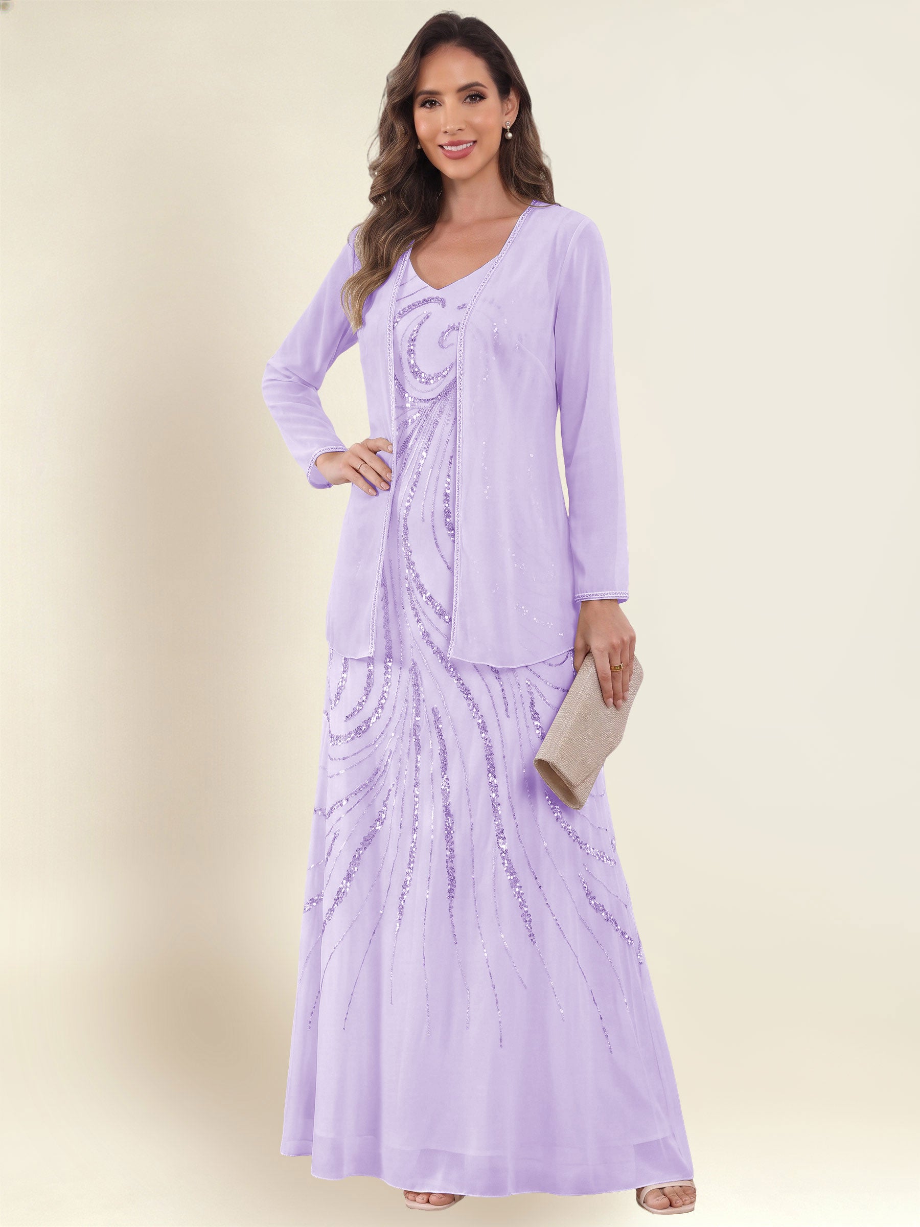 ROVDESY 2 Pieces V-Neck Sequin Chiffon Long Mother Of The Bride Dress With Long Sleeve Jacket