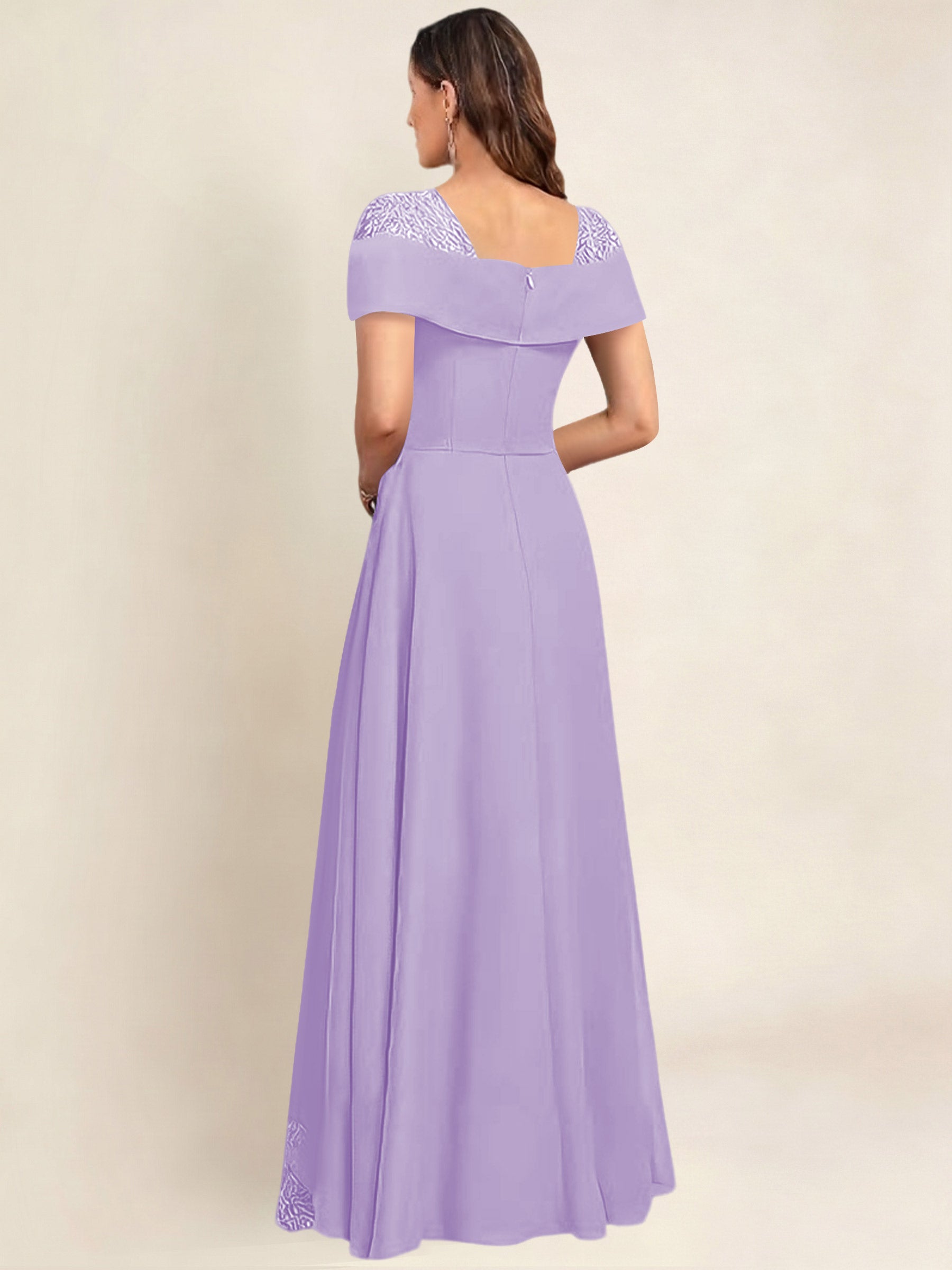 ROVDESY A-Line Off The Shoulder Lace Chiffon Long Mother of the Bride Dress Formal Gown
