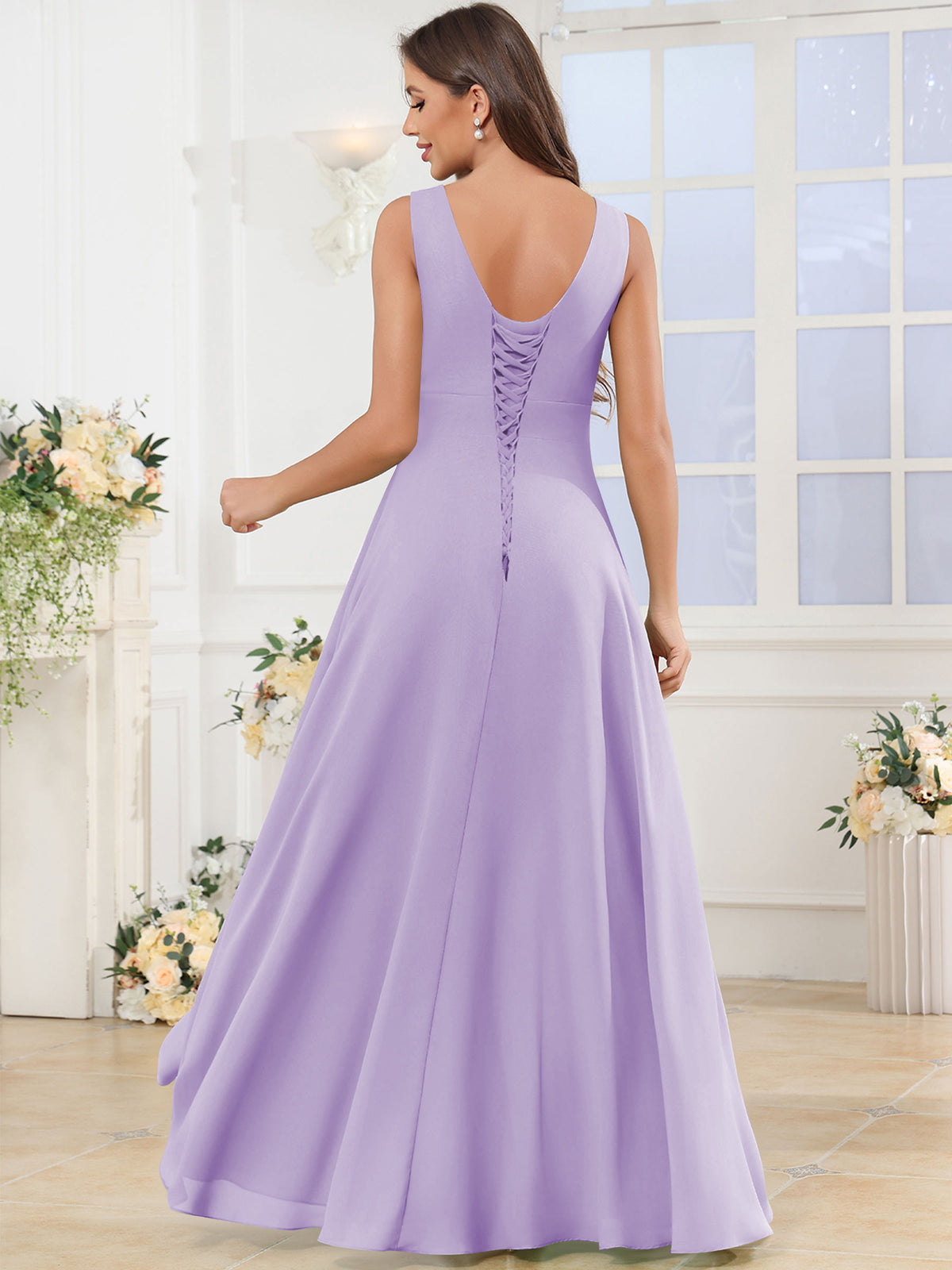 V Neck Chiffon A Line Ruffle Bridesmaid Dress with Slit