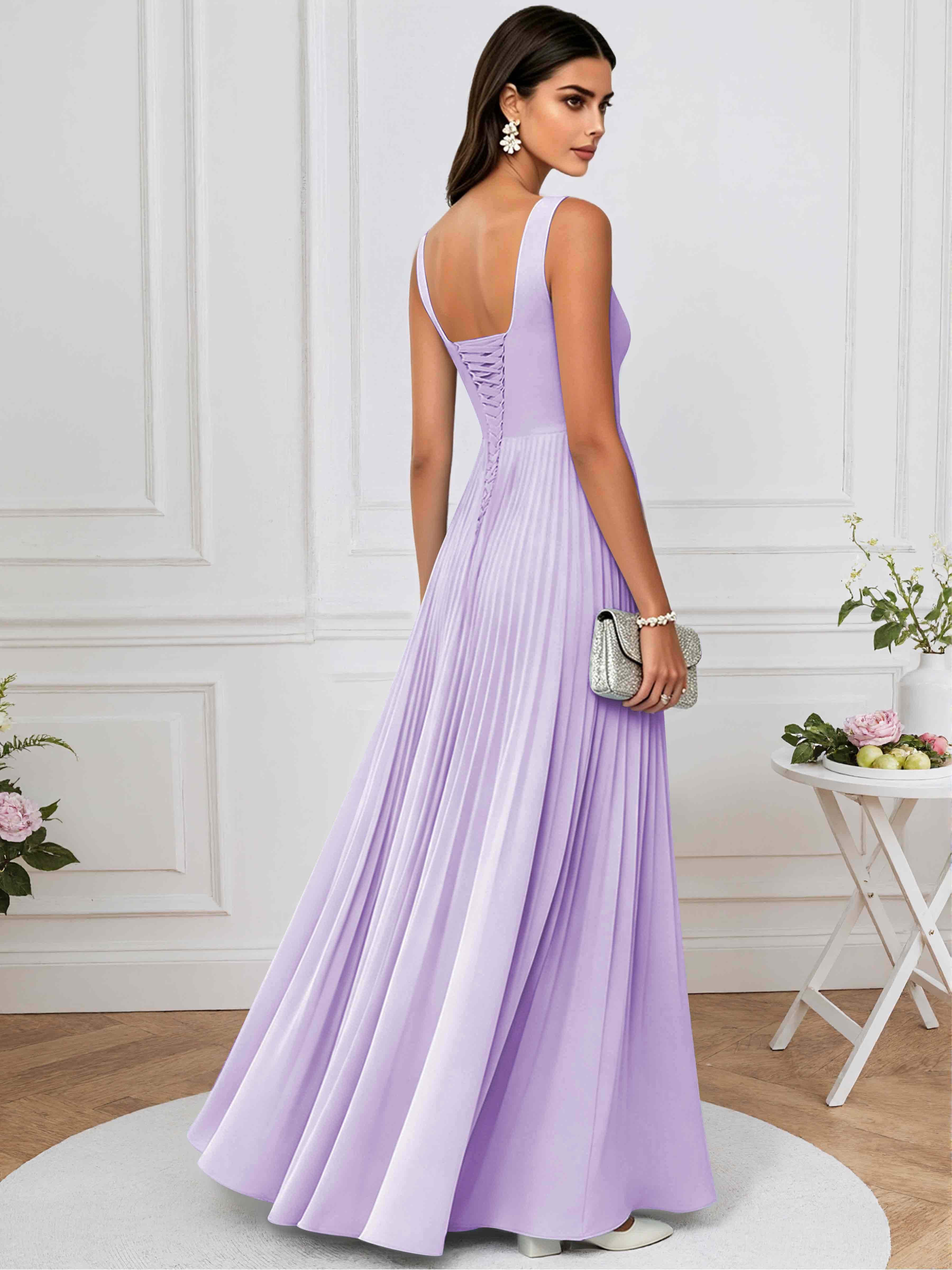 ROVDESY A-Line Square Neck Pleated Chiffon Long Bridesmaid/Prom Dress