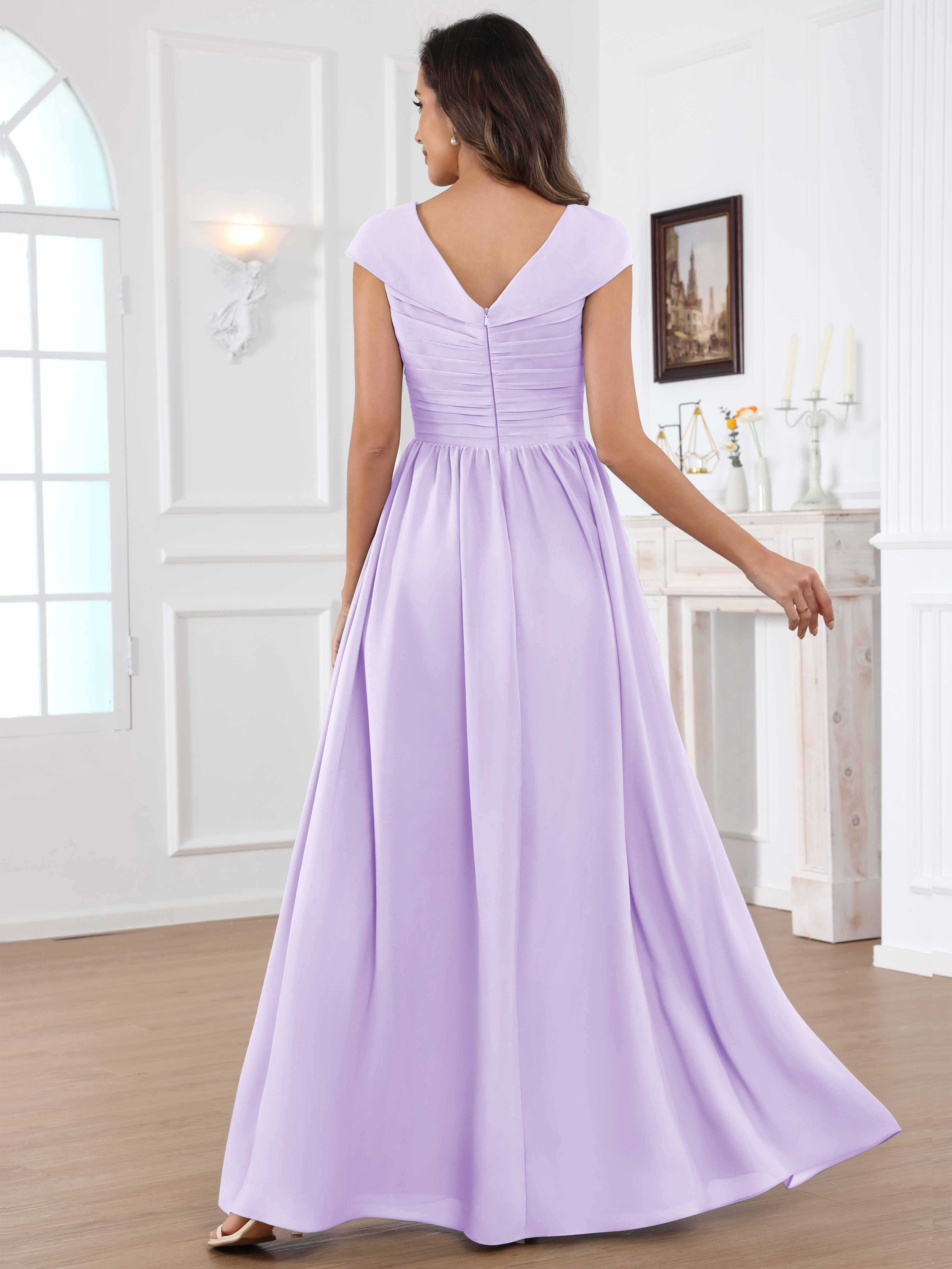 ROVDESY A-Line Cap Sleeves Pleated Chiffon Mother Of The Bride Dress