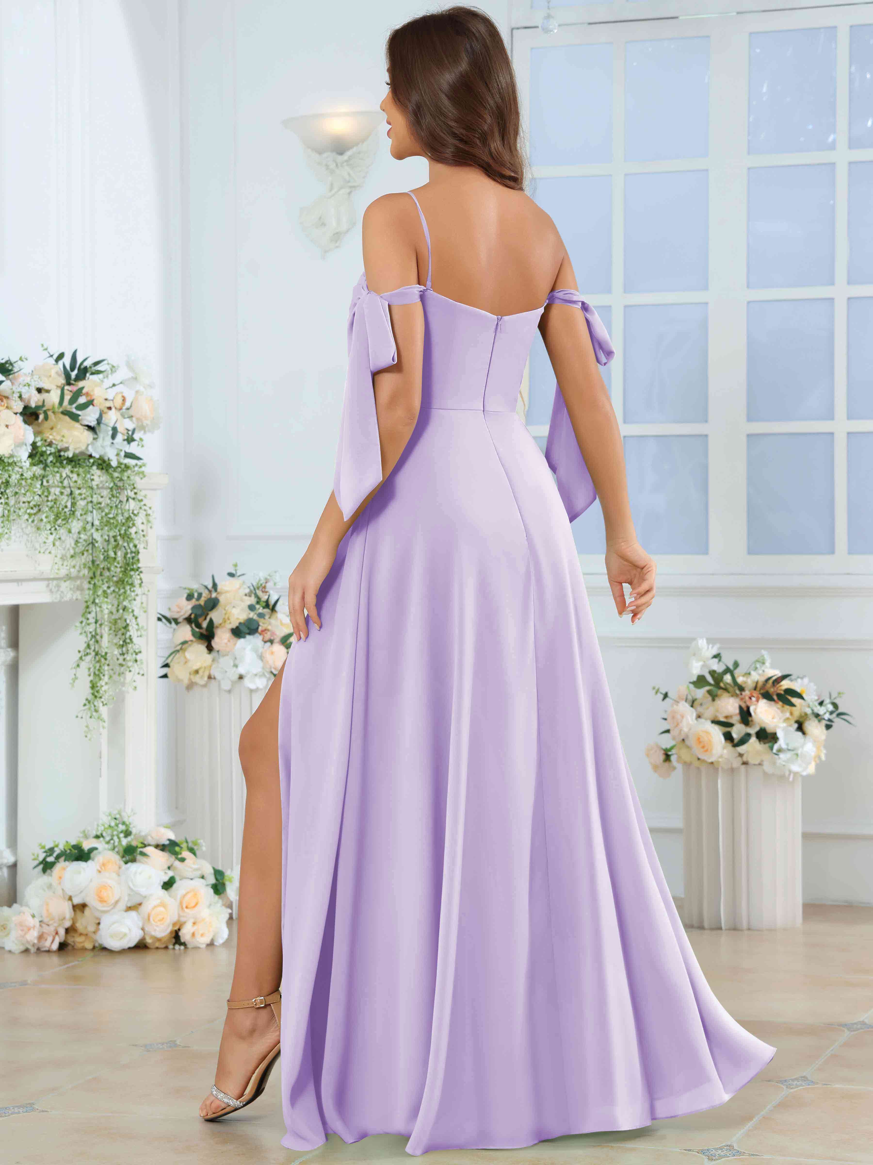 ROVDESY Spaghetti Strap Pleated Ruffle Slit Chiffon Bridesmaid Dress With Bow Sleeves
