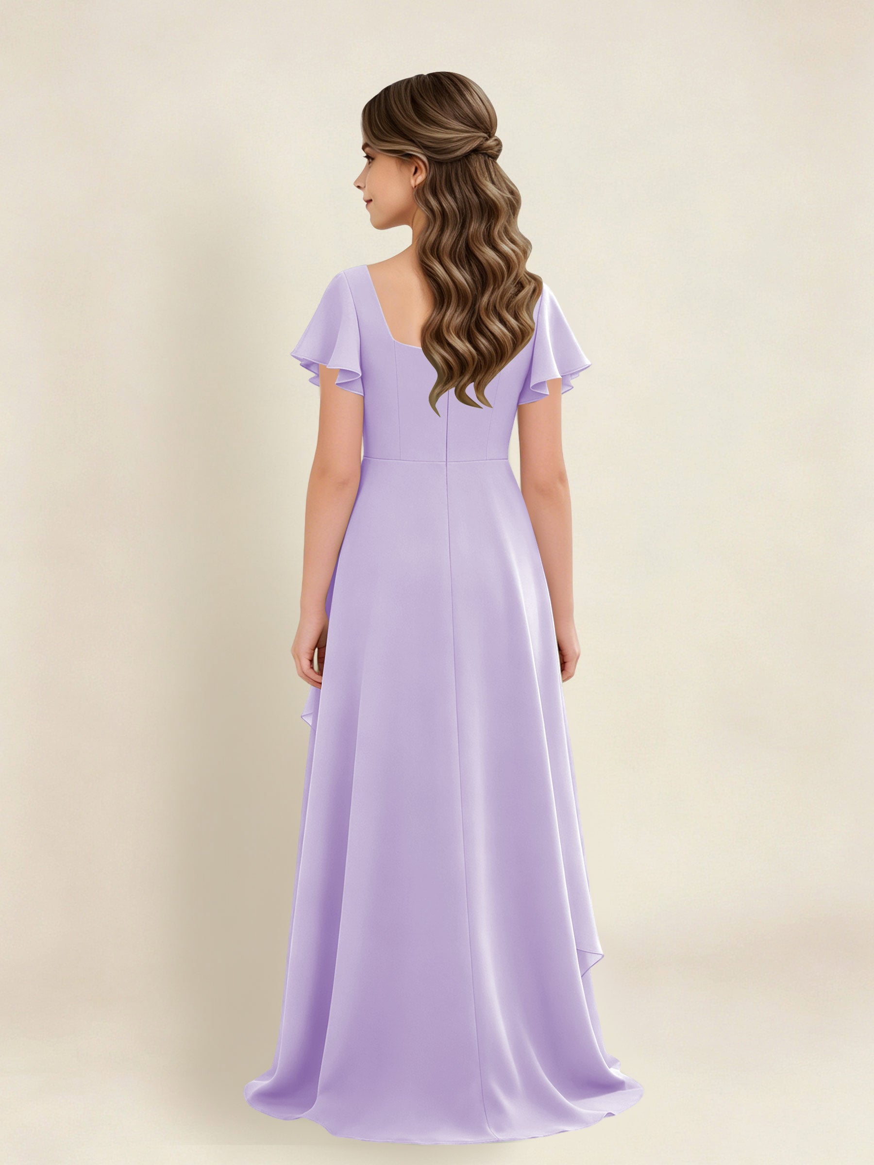 ROVDESY A-Line Square Neck Ruffle Chiffon Junior Bridesmaid Dress With Short Sleeves