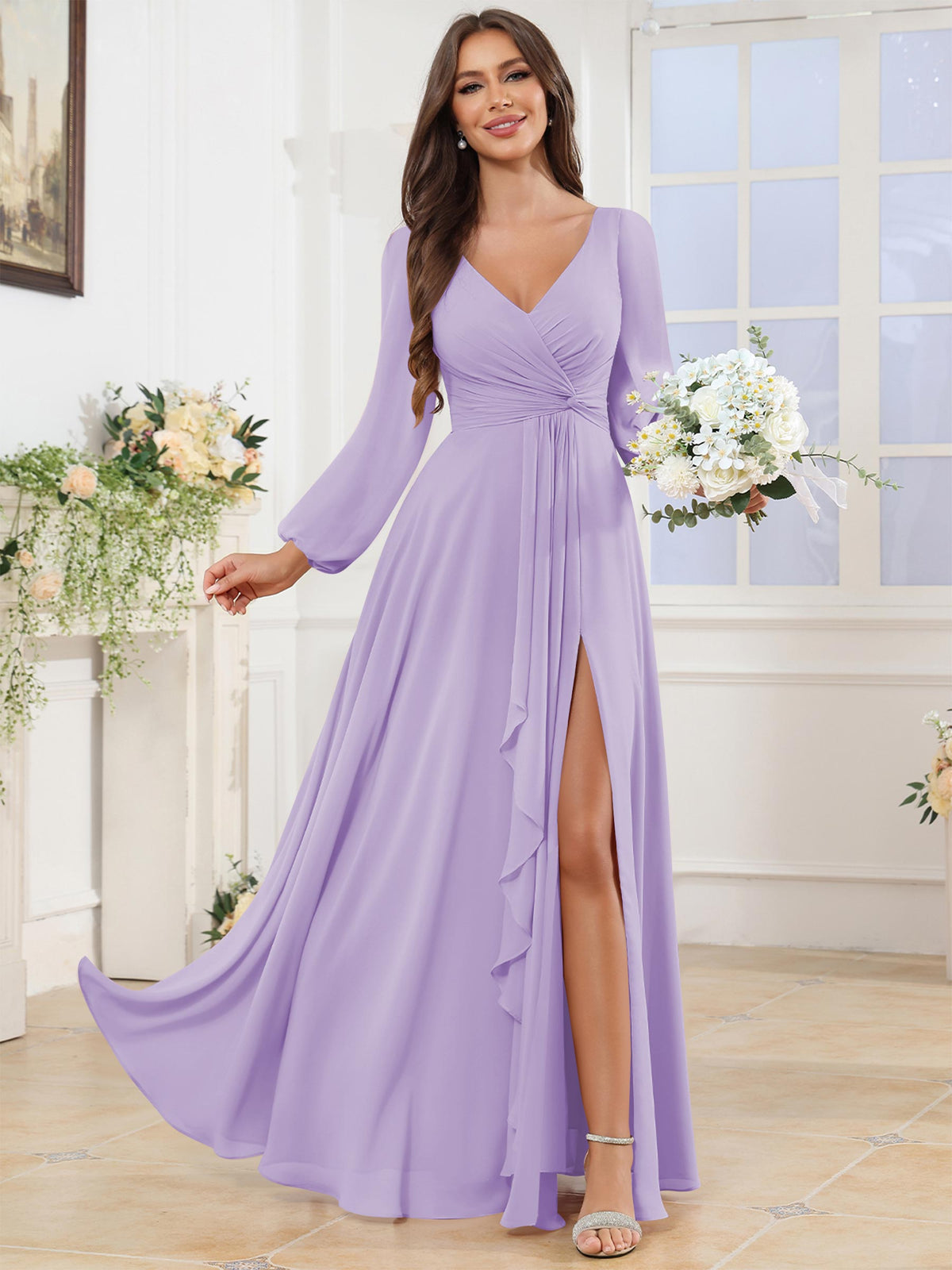V Neck Chiffon Long Sleeve Bridesmaid Dresses with Slit