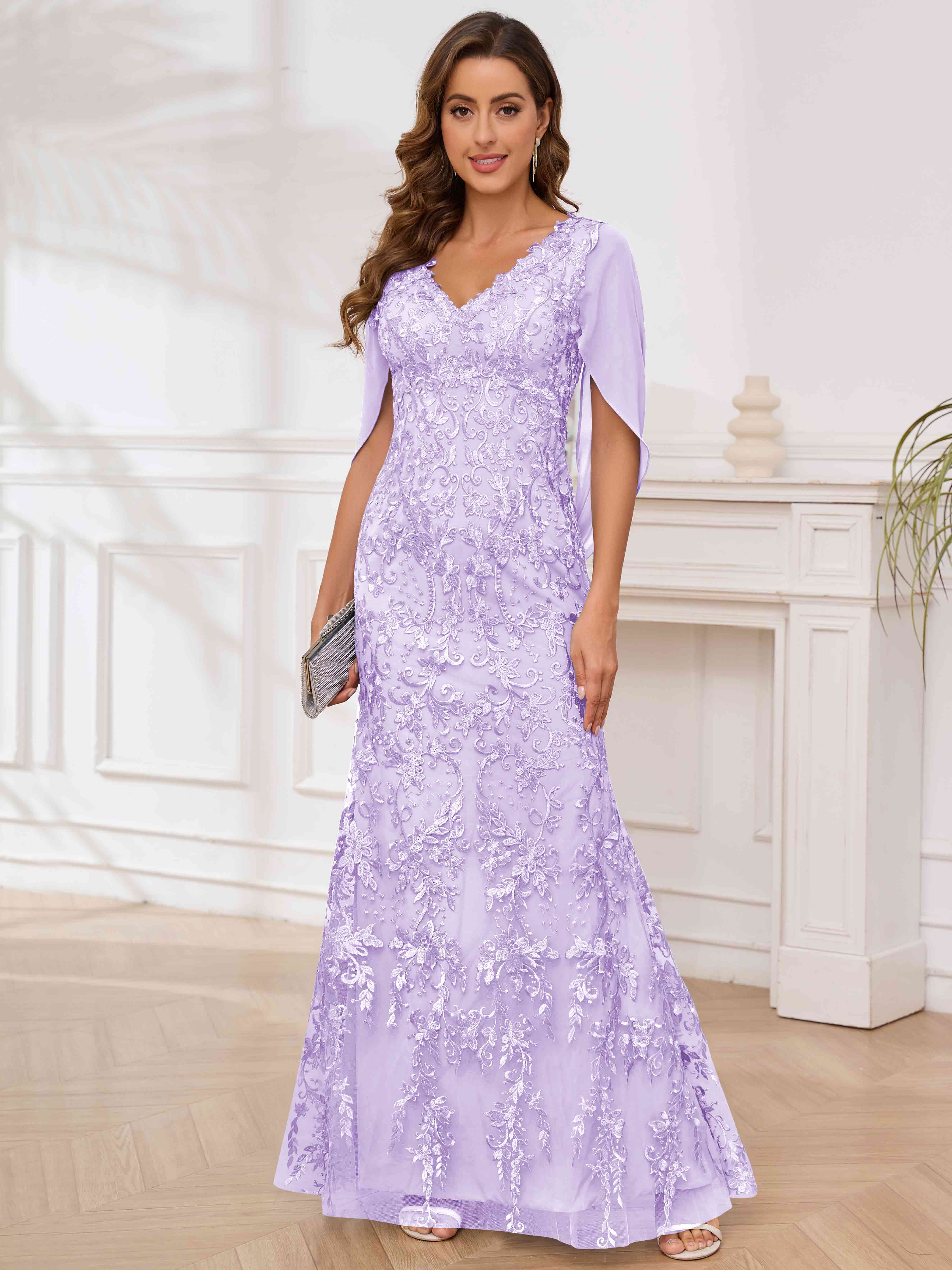 ROVDESY V-Neck Lace Mermaid Mother Of The Bride Dress With Cape Sleeves Long Formal Gown