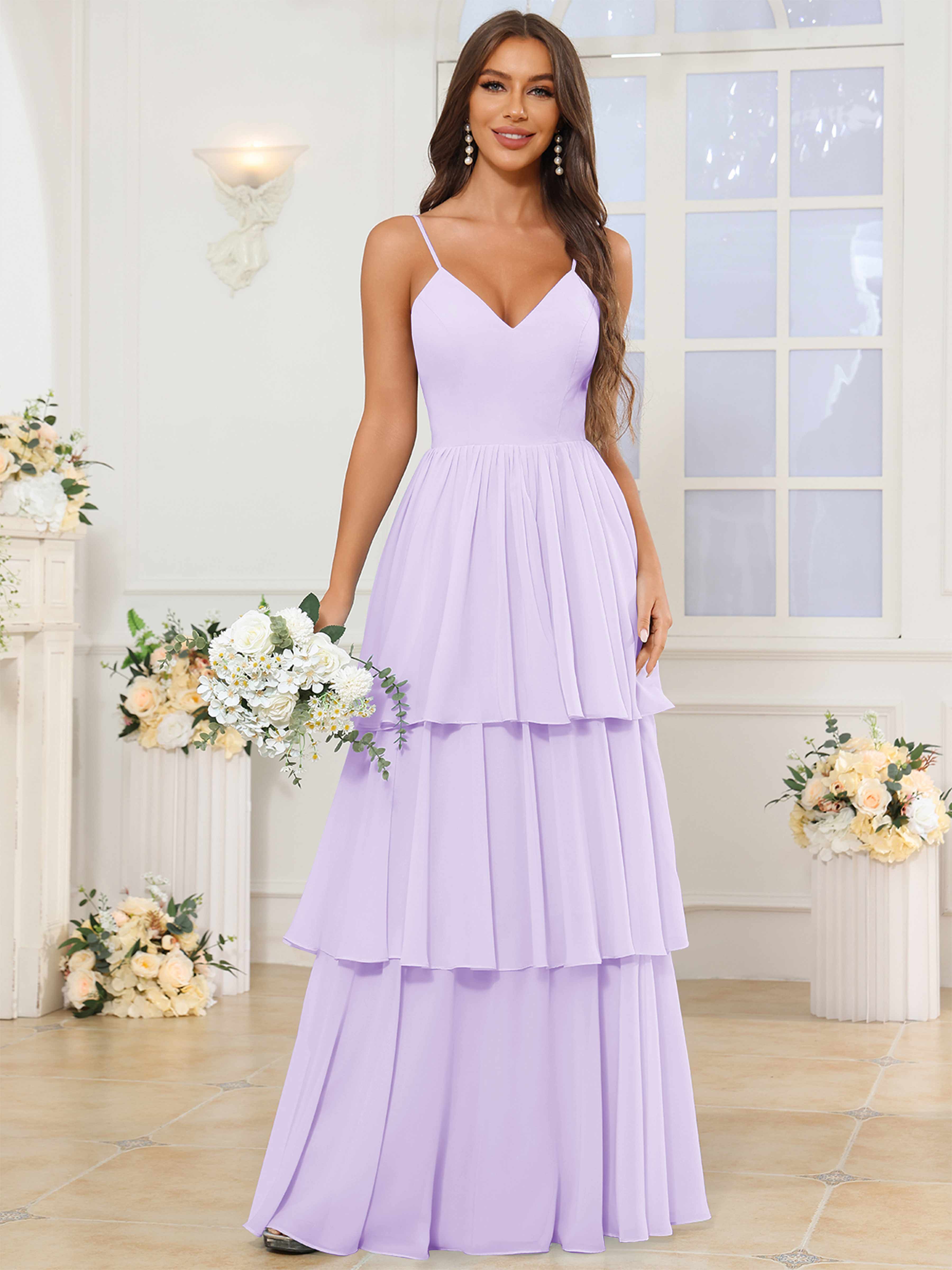 ROVDESY V-Neck Spaghetti Straps Tiered Chiffon Bridesmaid Dress With Ruffles